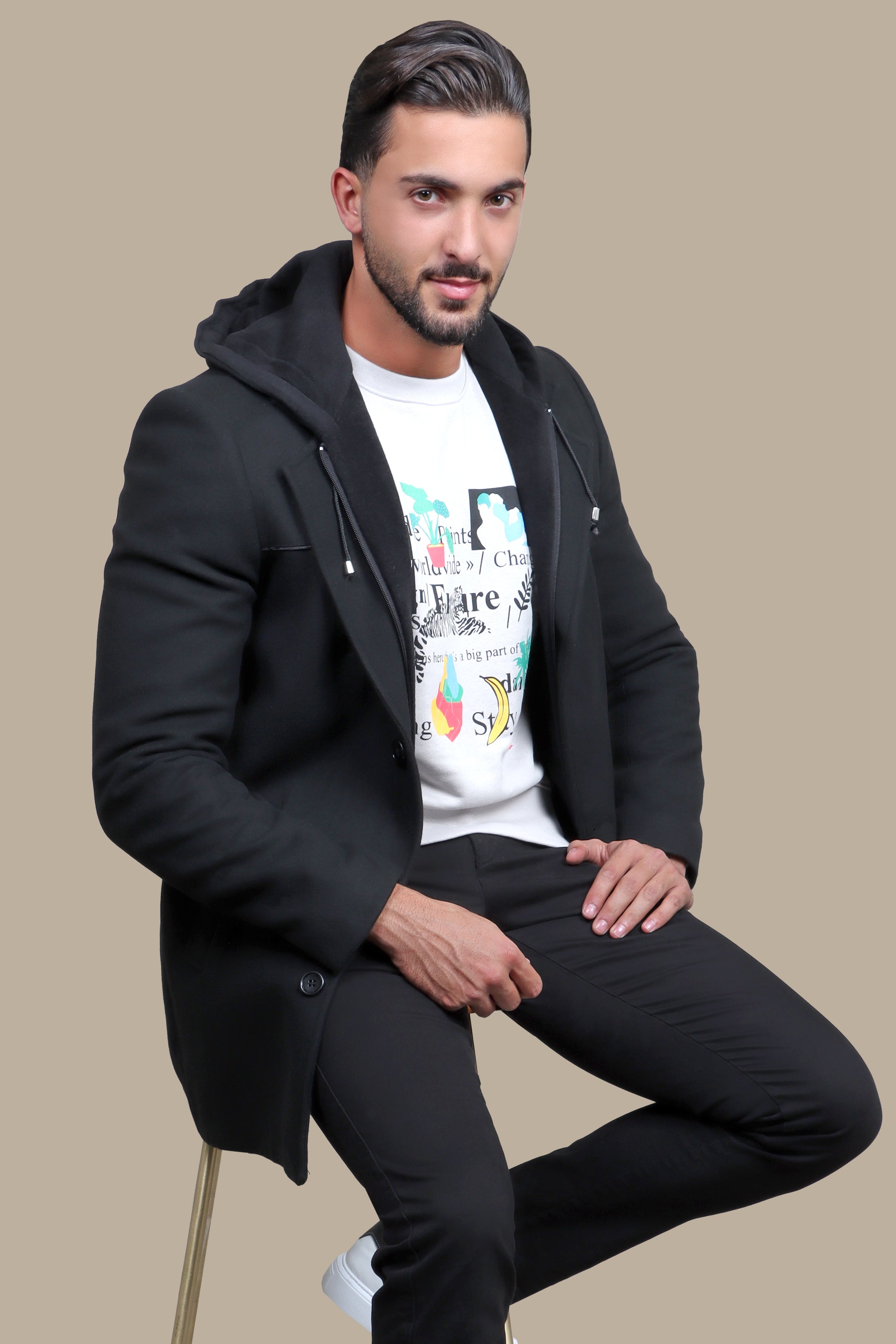Black Coat Hoodie with Detachable Design