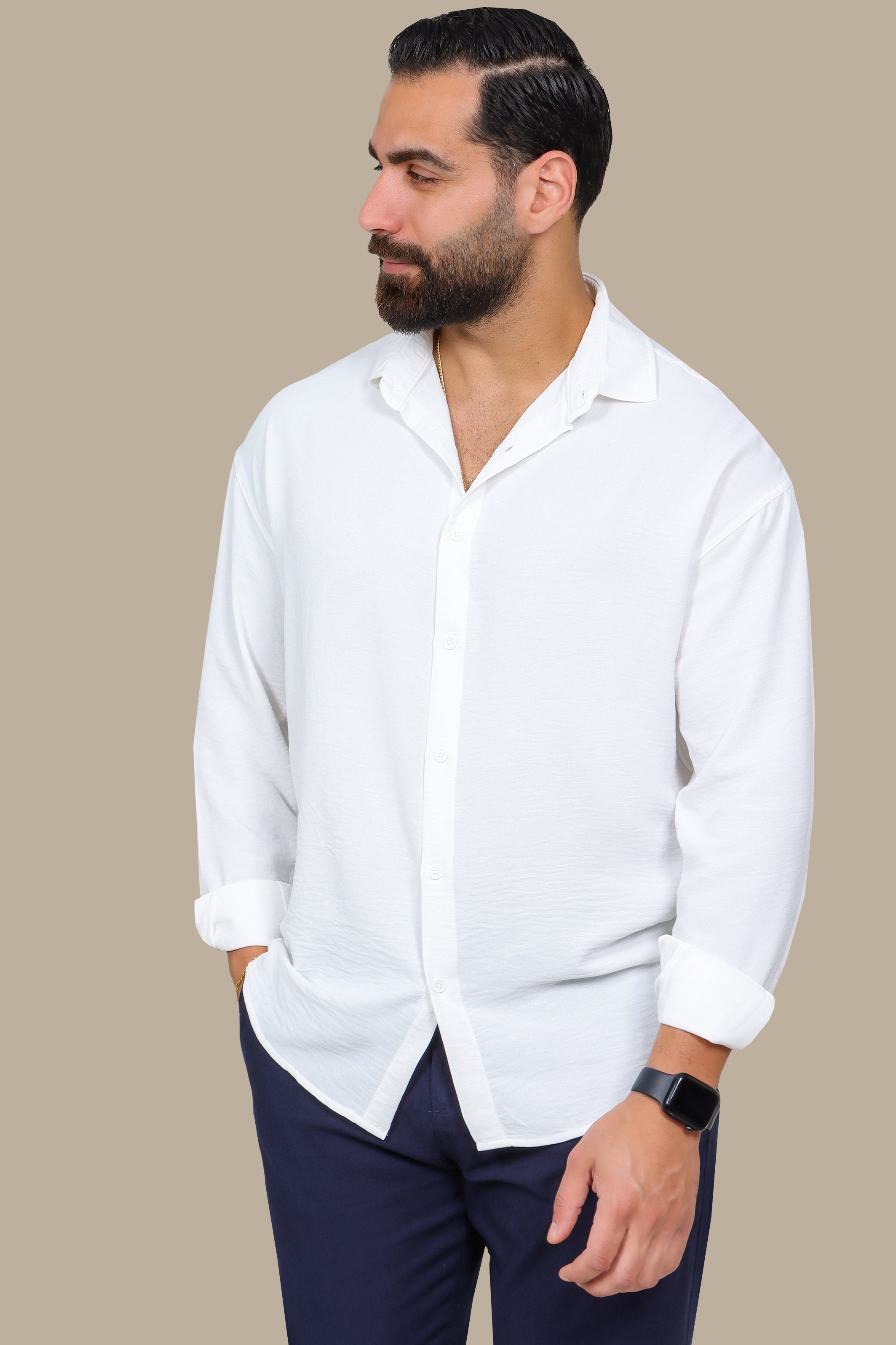 White Linen Shirt with Long Sleeves in Aerobin Fabric