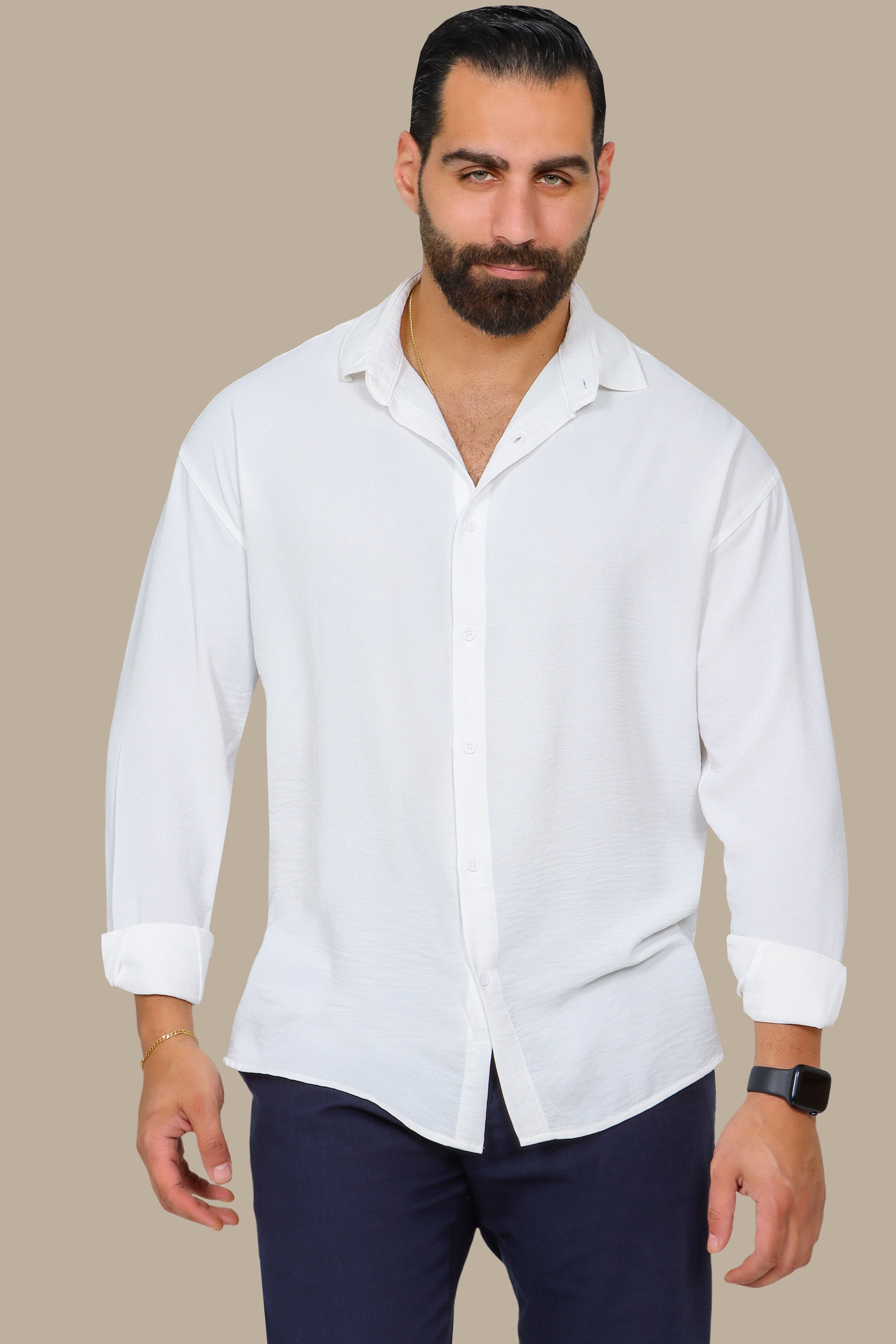 White Linen Shirt with Long Sleeves in Aerobin Fabric