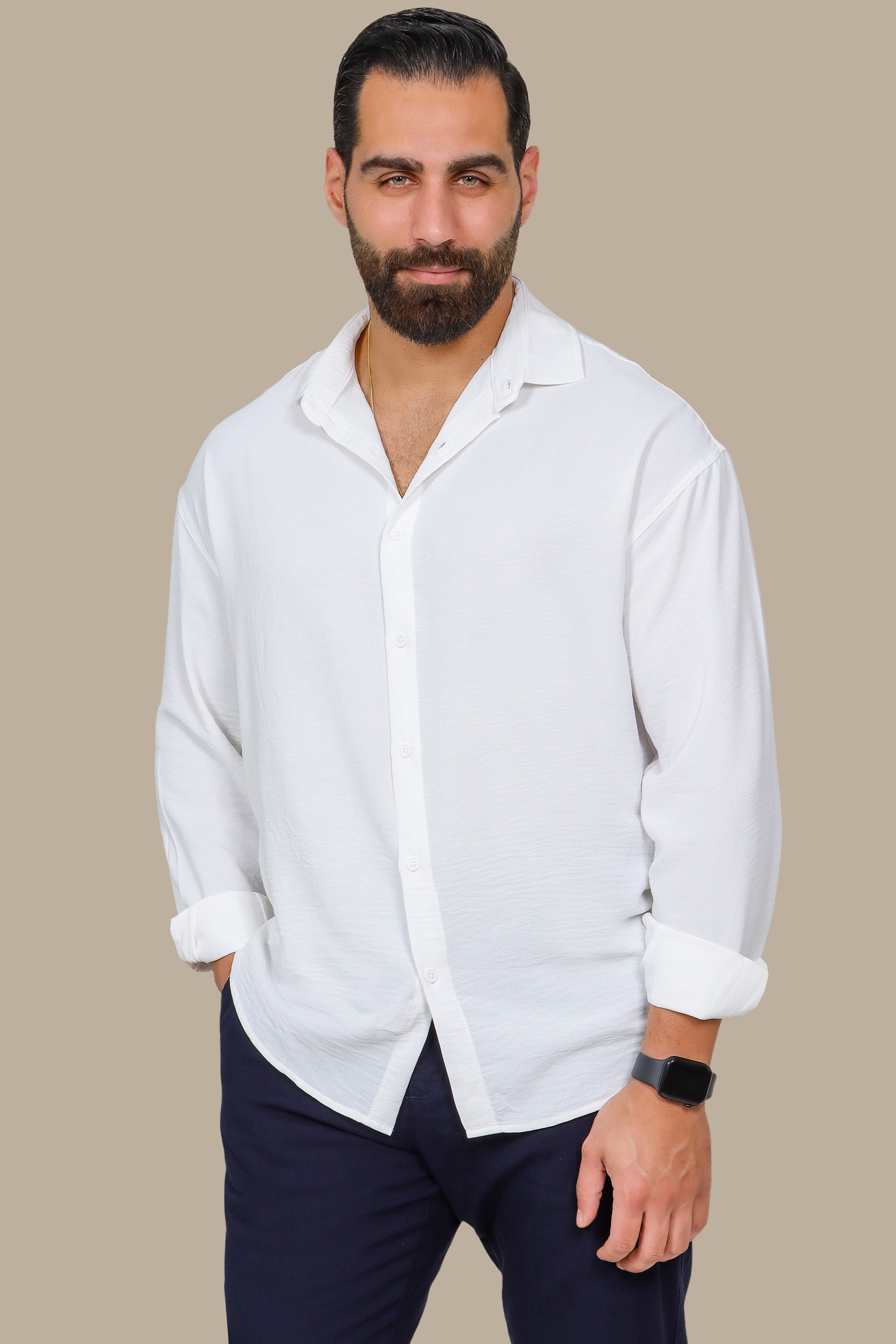 White Linen Shirt with Long Sleeves in Aerobin Fabric
