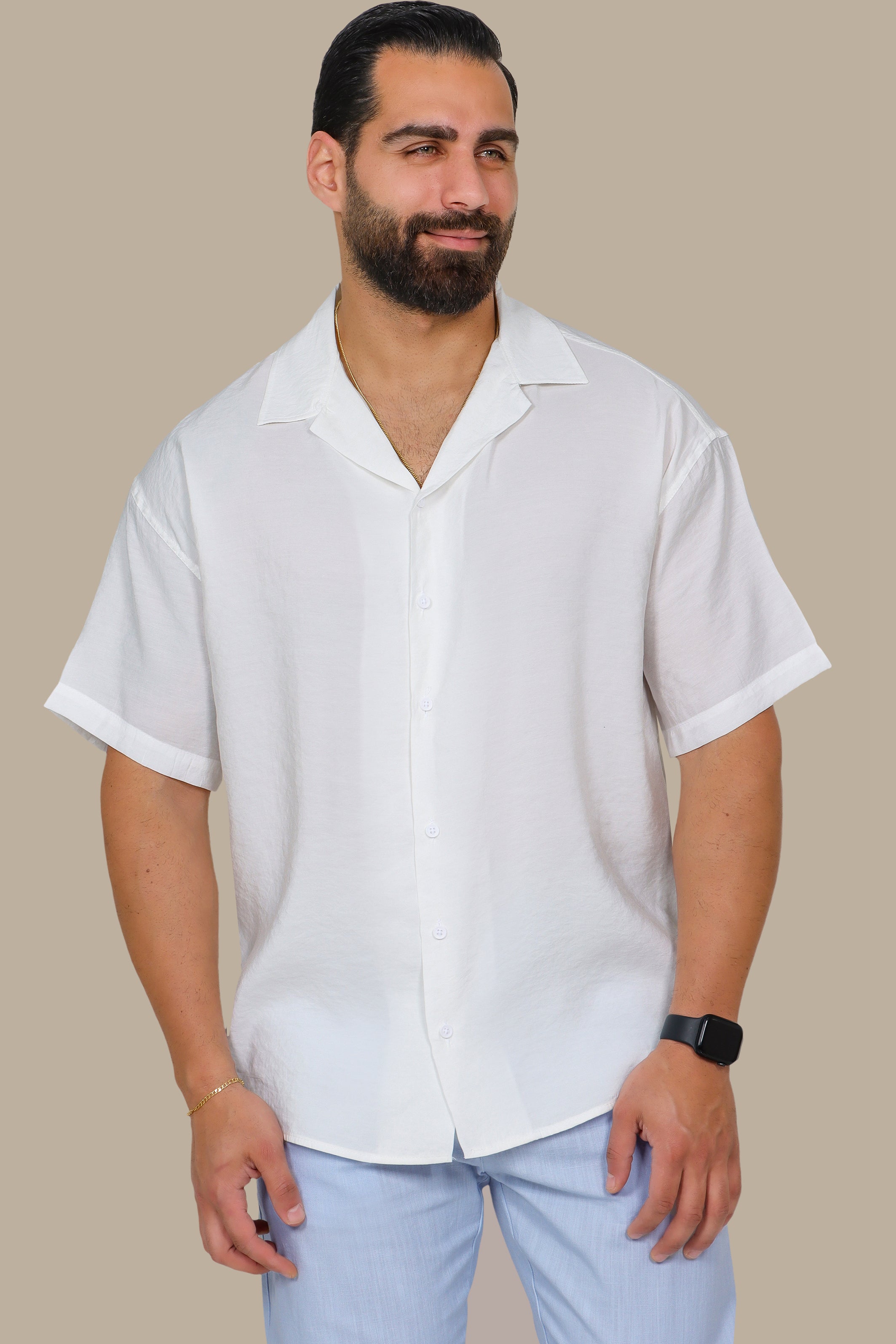 White Linen Shirt with Short Sleeves in Aerobin Fabric