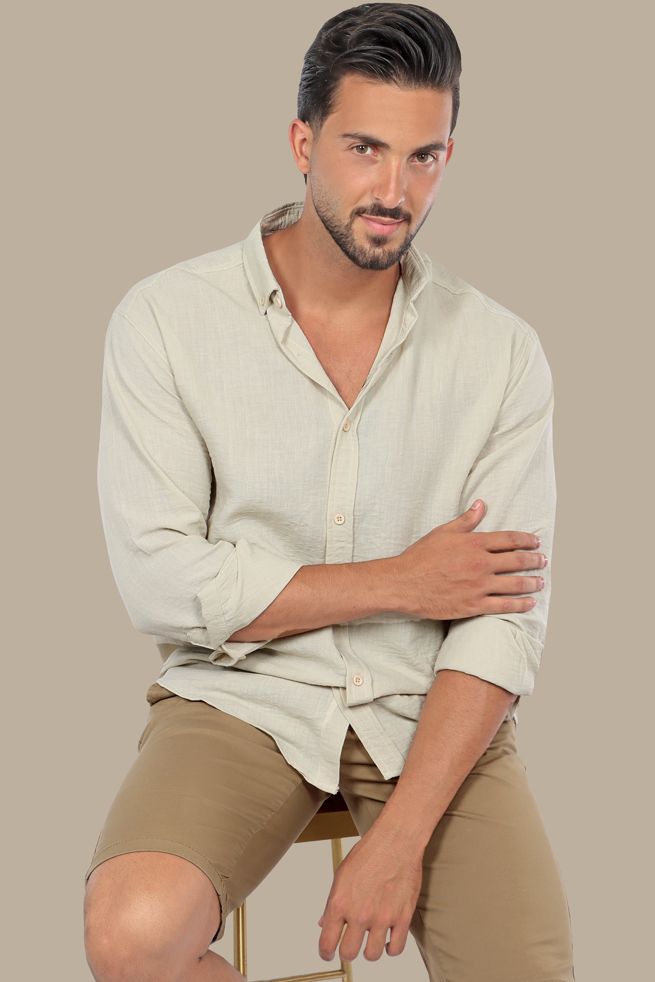 Timeless Elegance: Beige Linen Long Sleeve Button Down