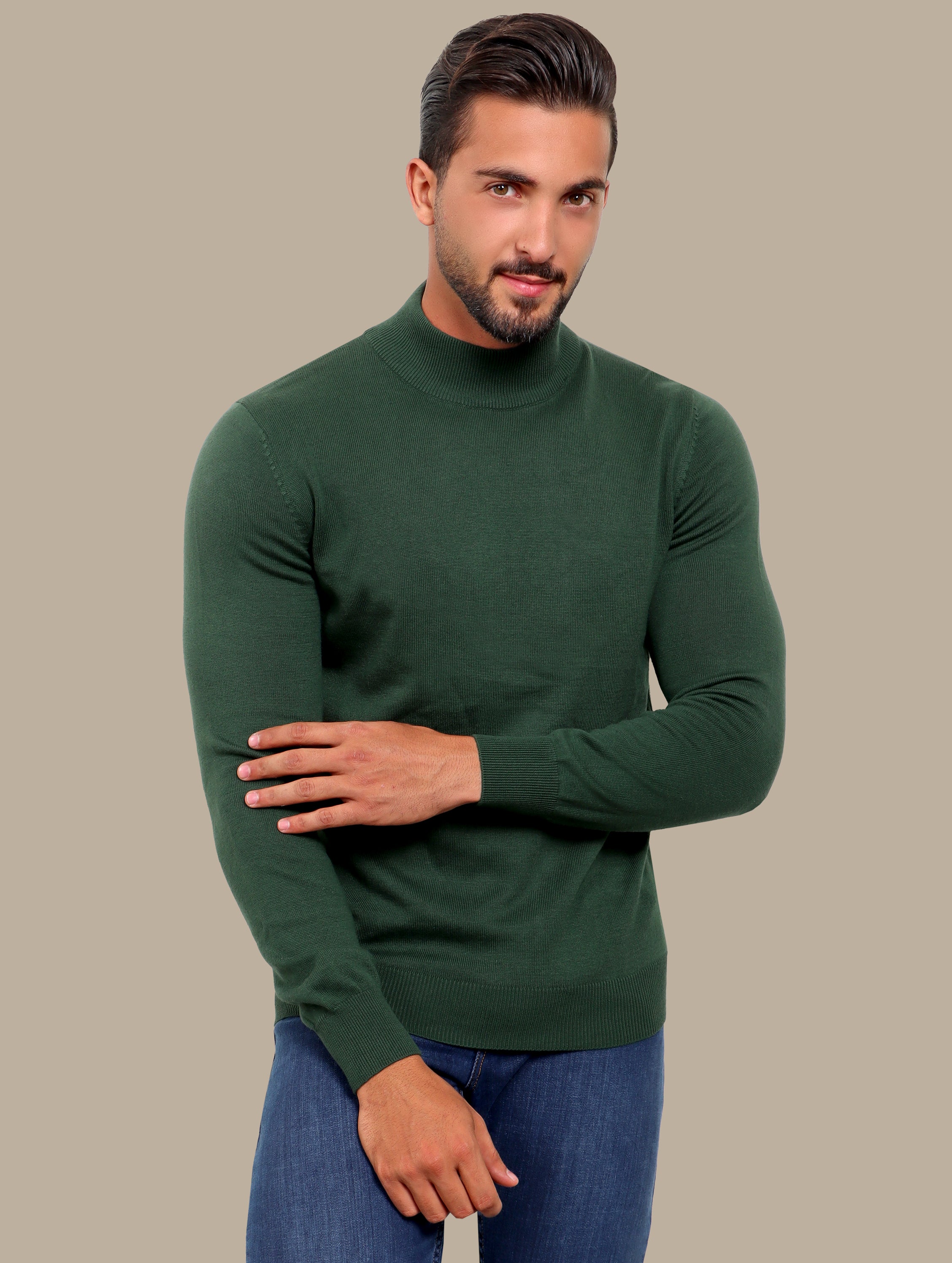 Green High Neck Basic Sweater