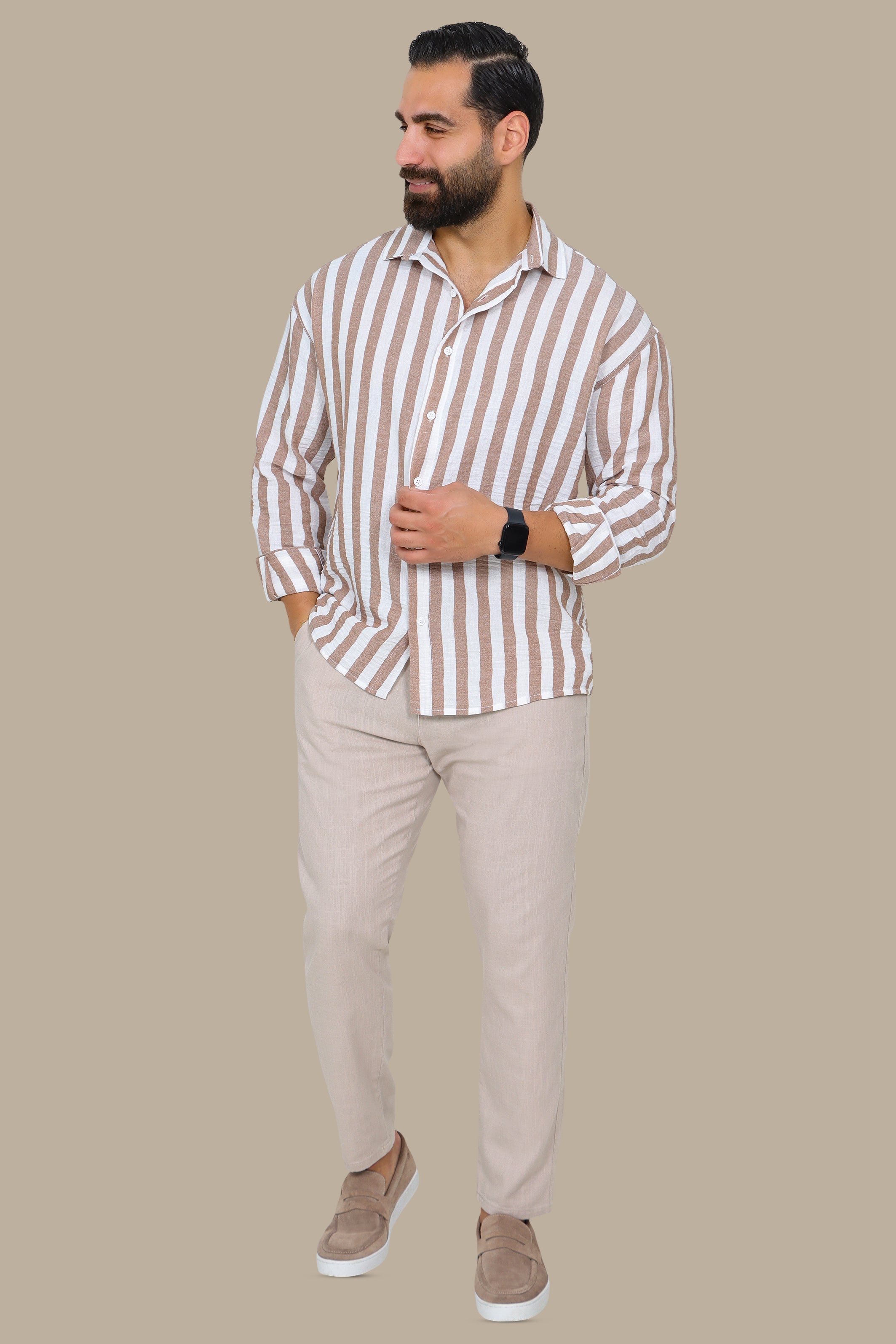 Brown Striped Linen Shirt with Long Sleeves