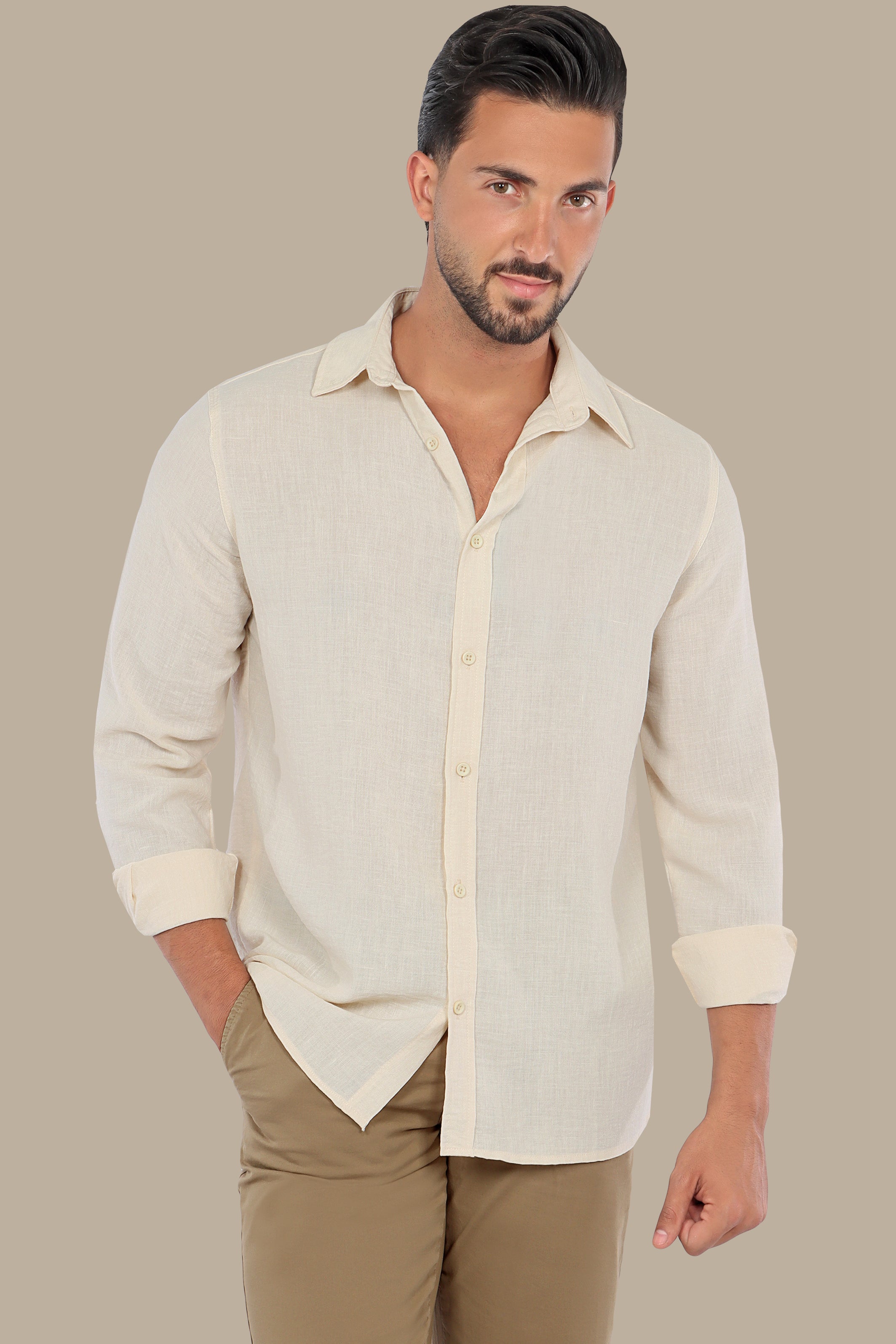 Timeless Comfort: Beige Linen Long Sleeve Shirt