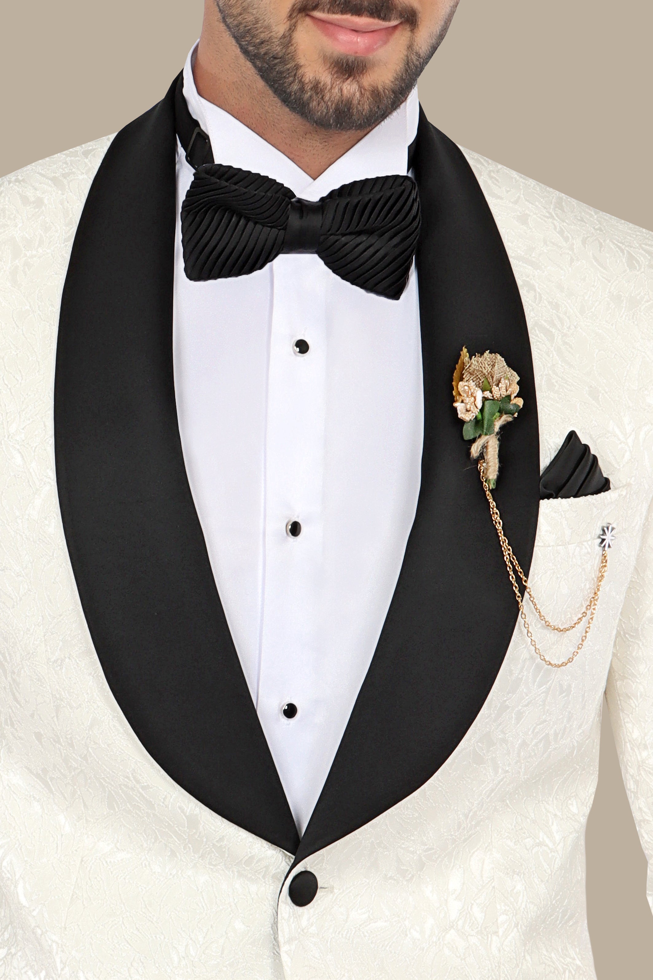 White Leaves Jacquard Shawl Collar Tuxedo