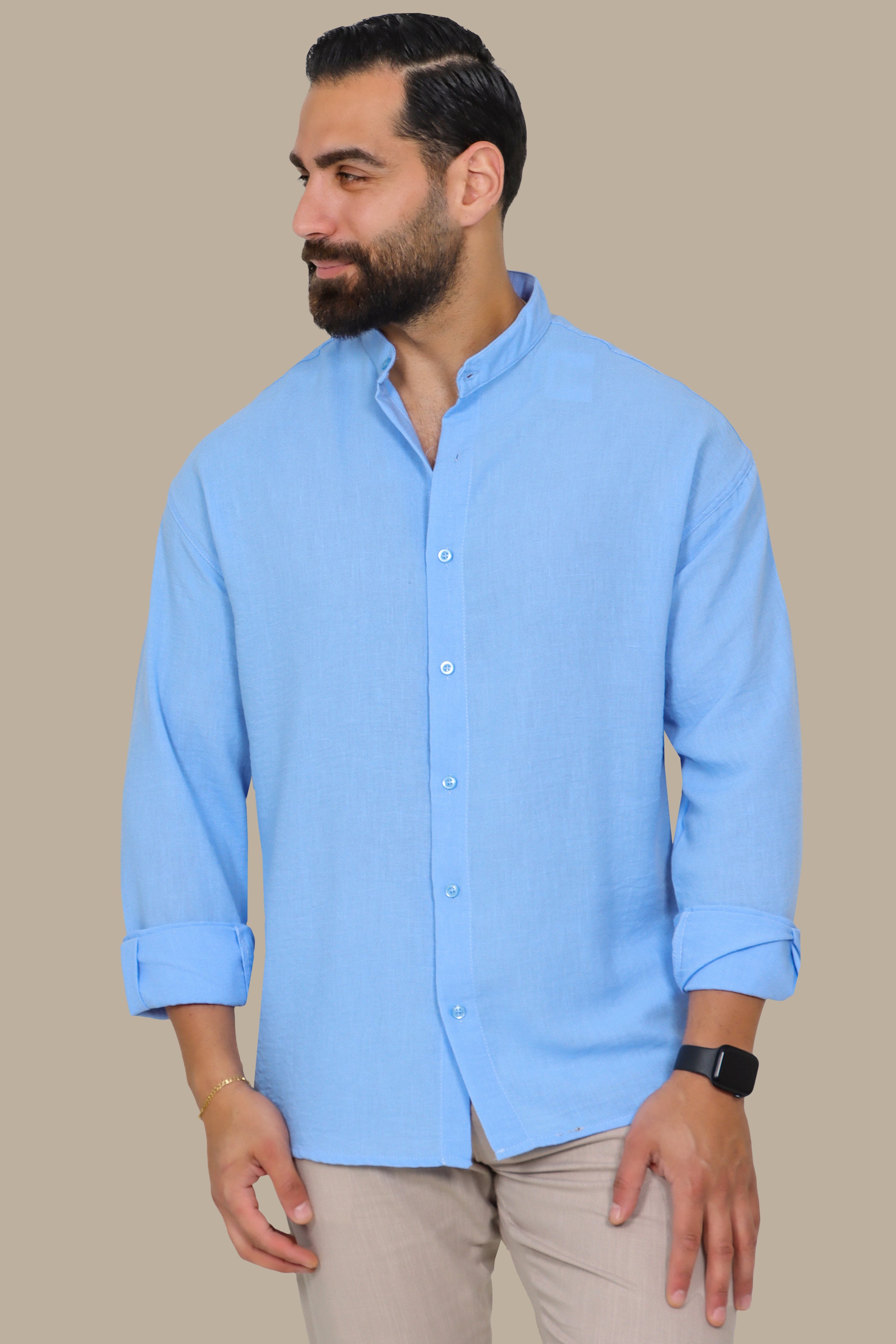 Light Blue Linen Shirt with Mao Collar