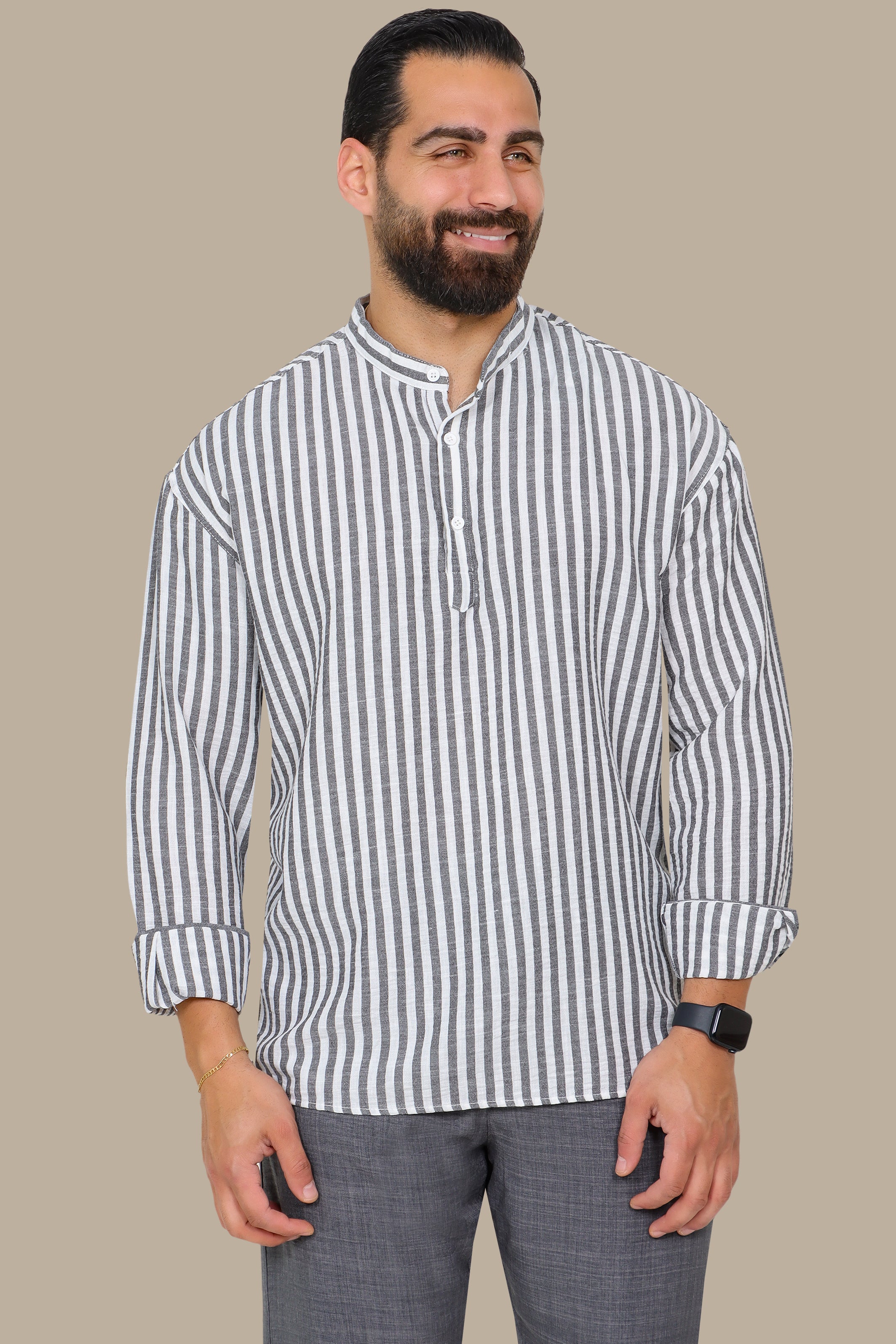 Grey Striped Shirt with Chinese Collar
