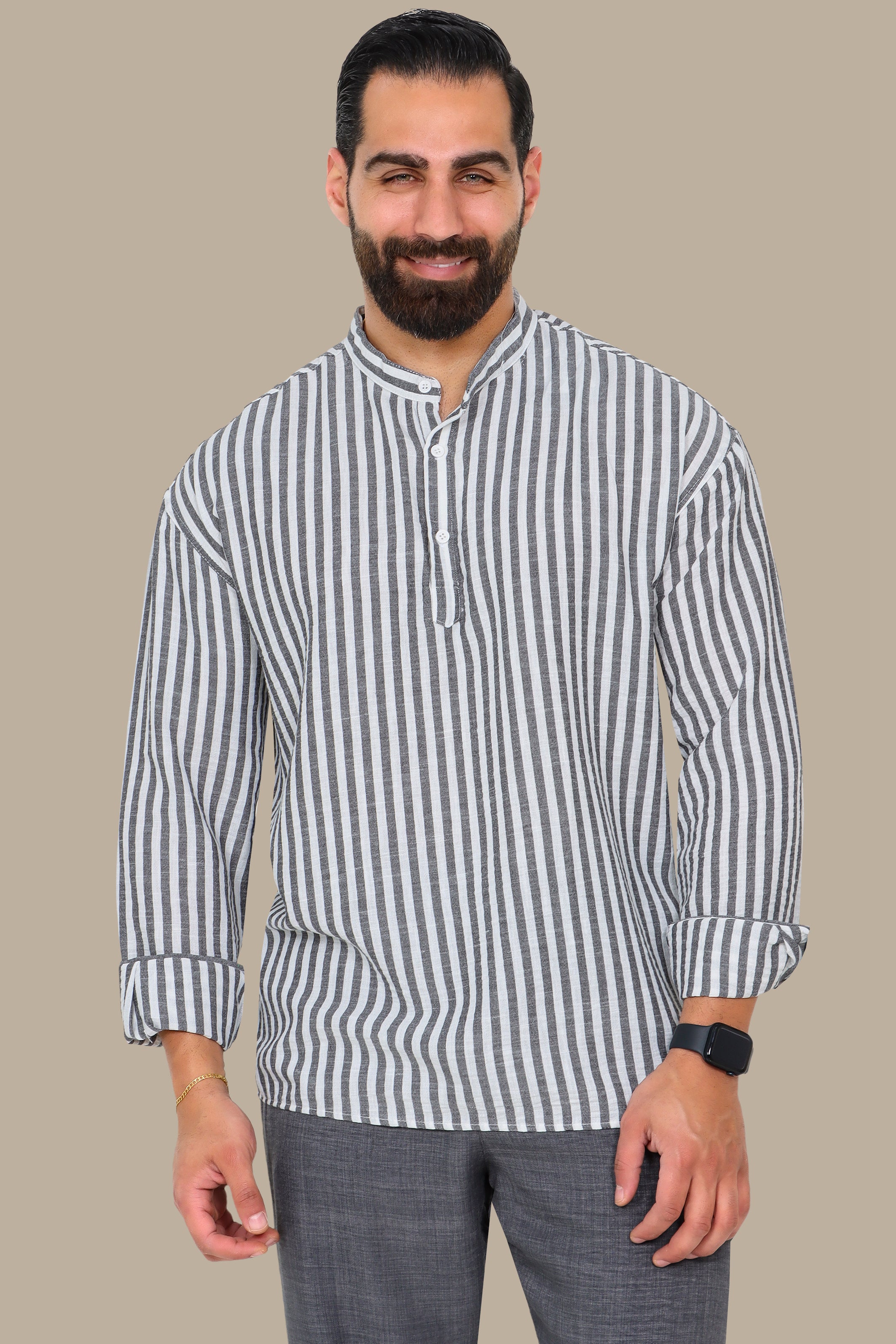Grey Striped Shirt with Chinese Collar