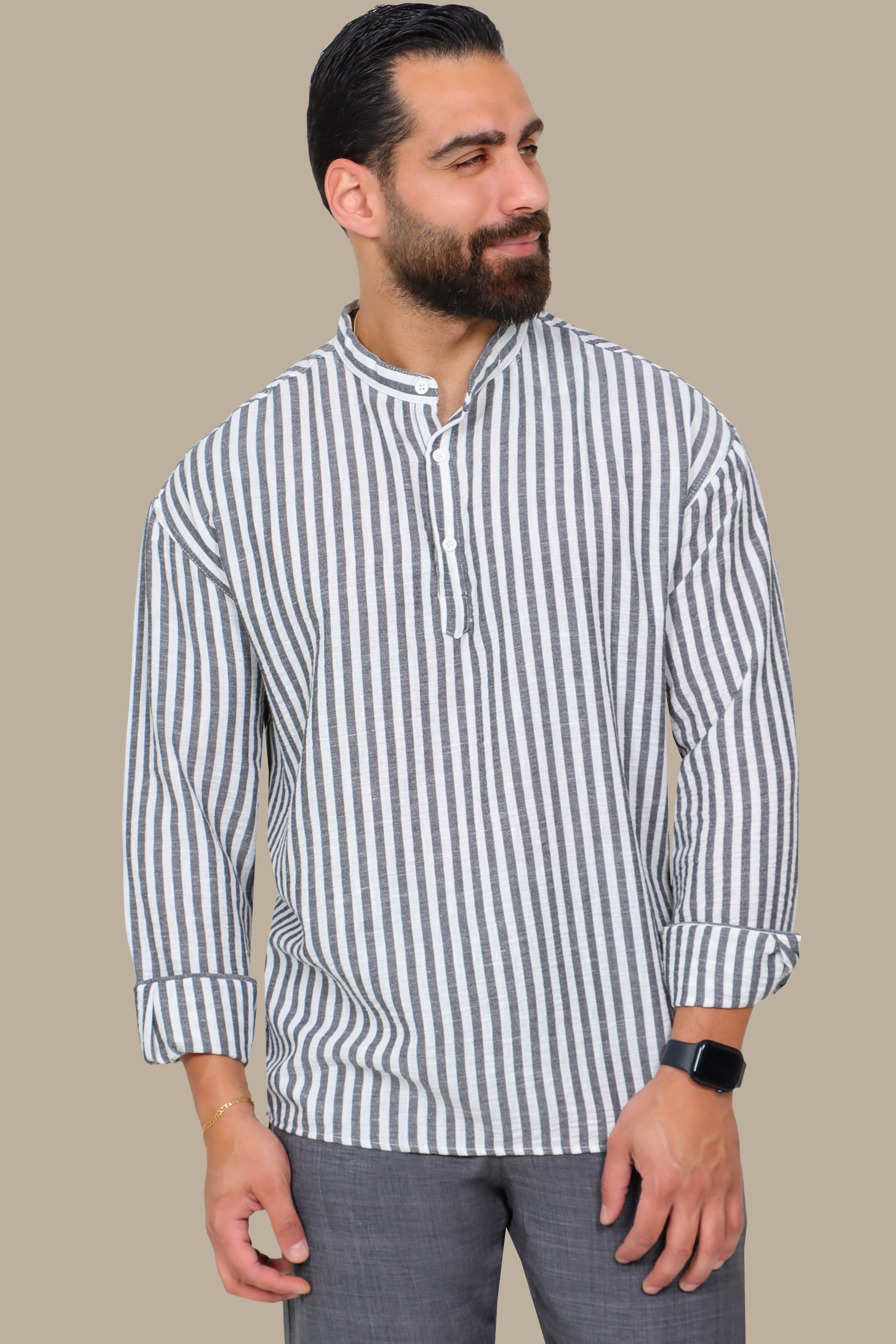 Grey Striped Shirt with Chinese Collar