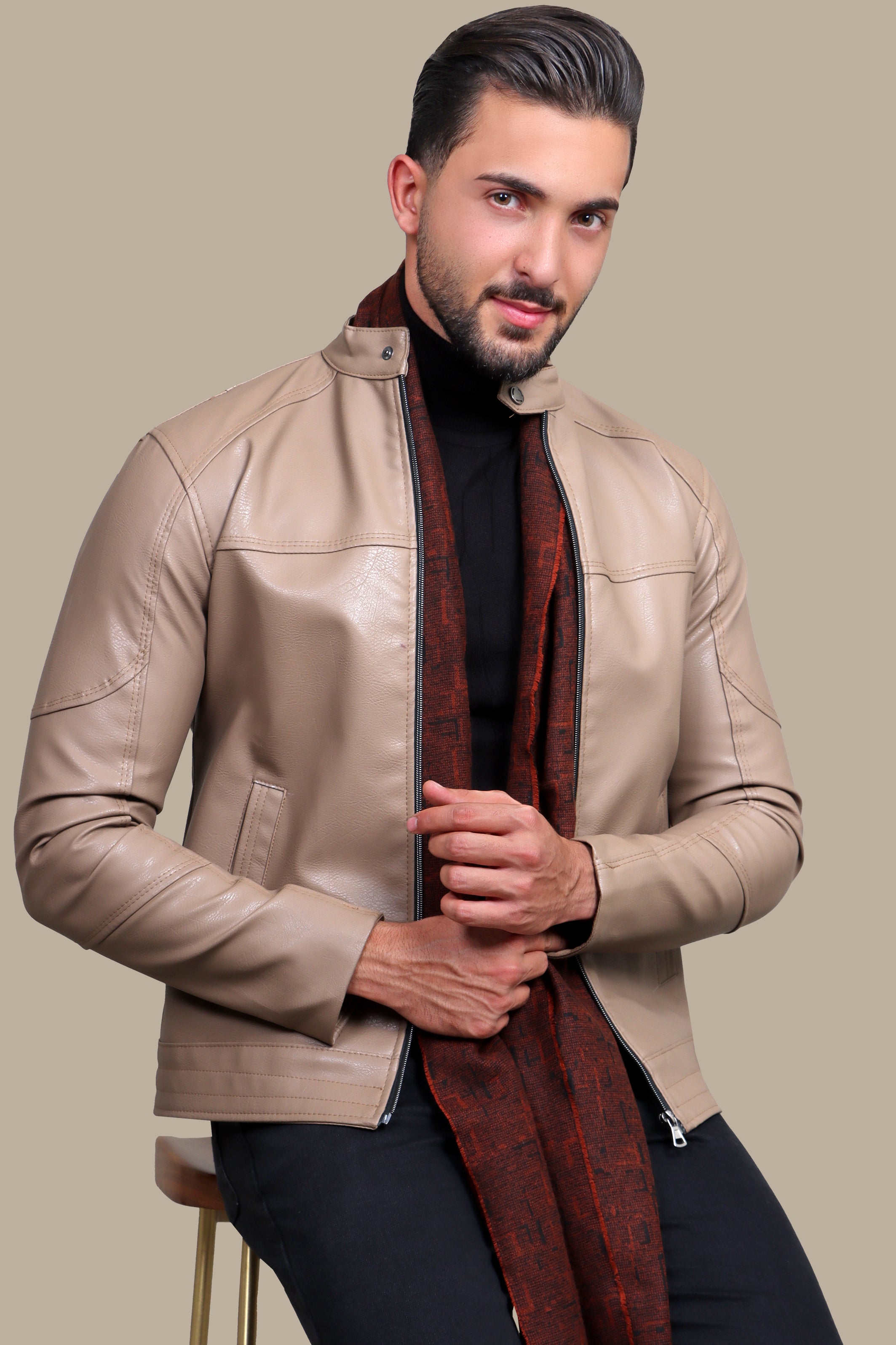 Jacket Faux Leather Basic Col Mao Beige