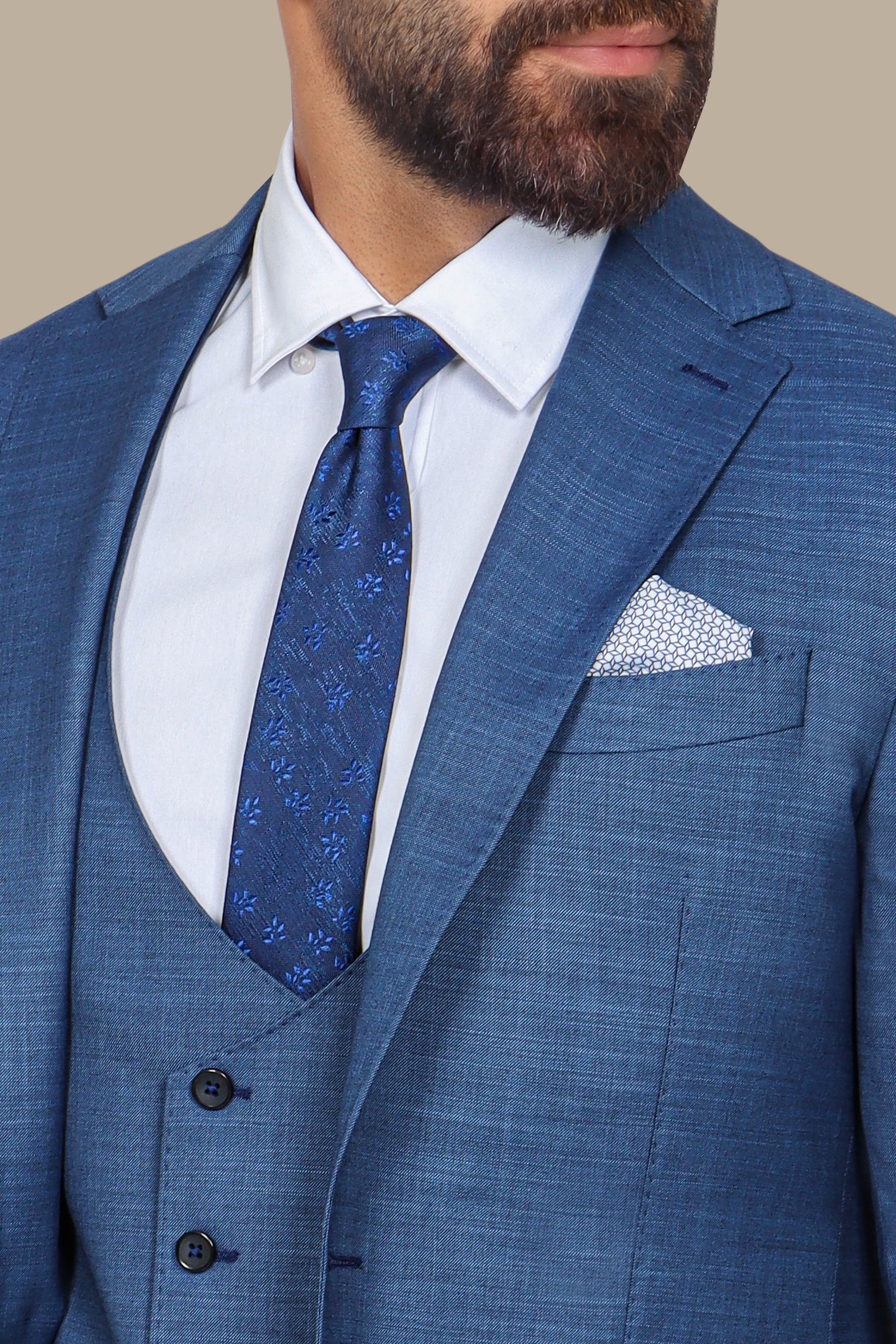 Elegant Blue Lycra Suit Set with Notch Details - 3-Piece Collection