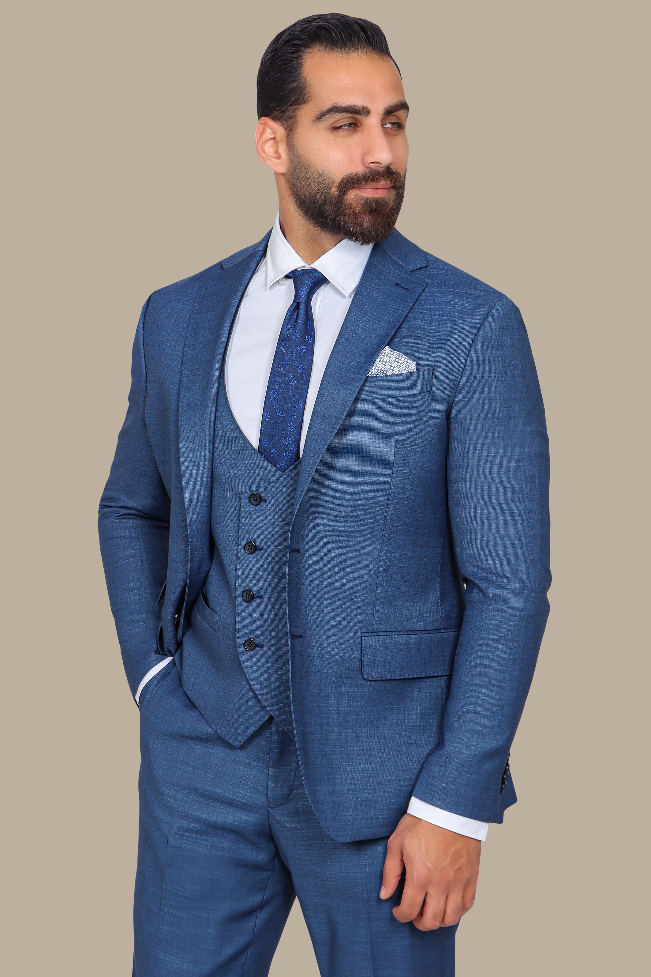 Elegant Blue Lycra Suit Set with Notch Details - 3-Piece Collection