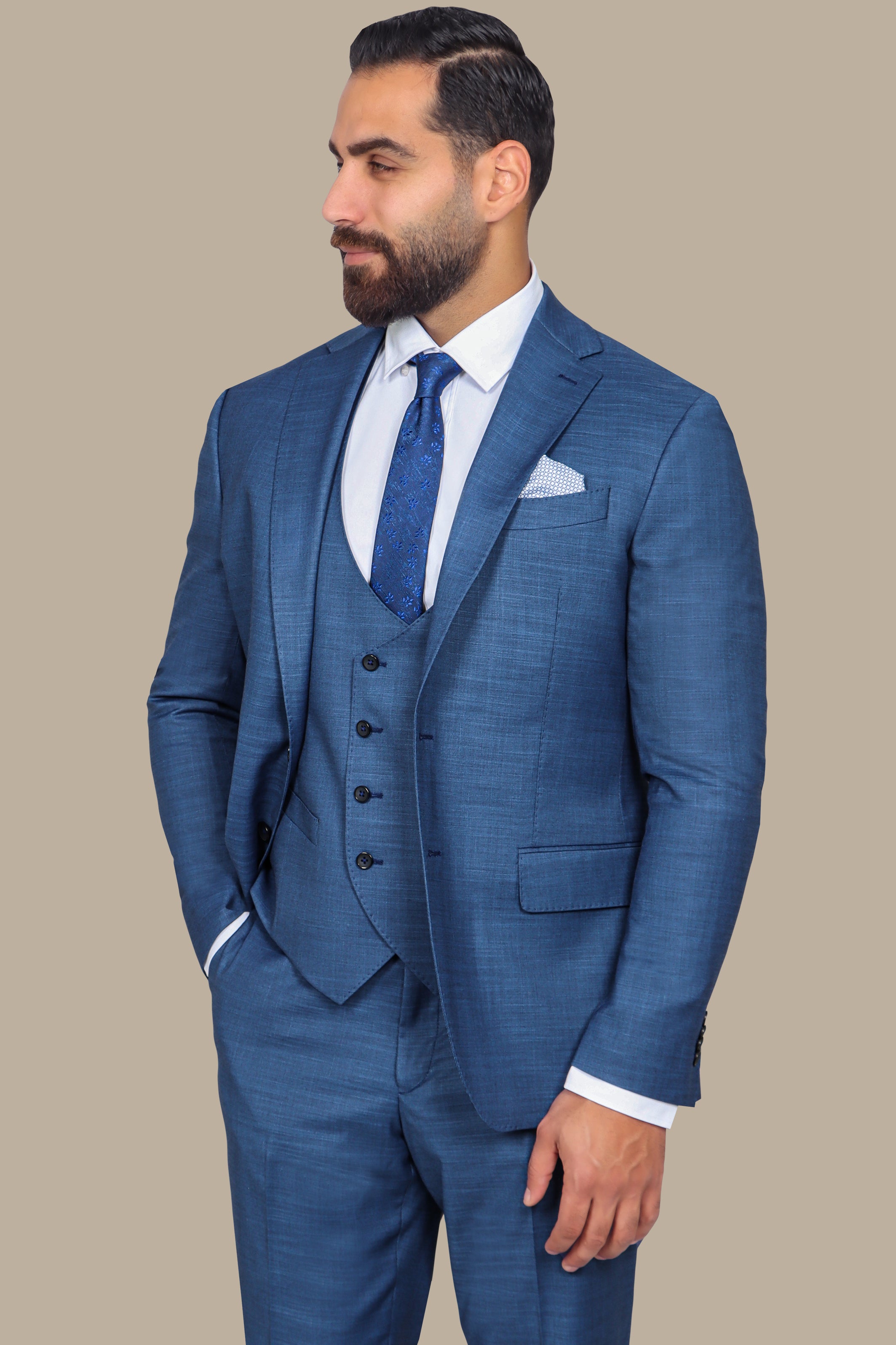 Elegant Blue Lycra Suit Set with Notch Details - 3-Piece Collection