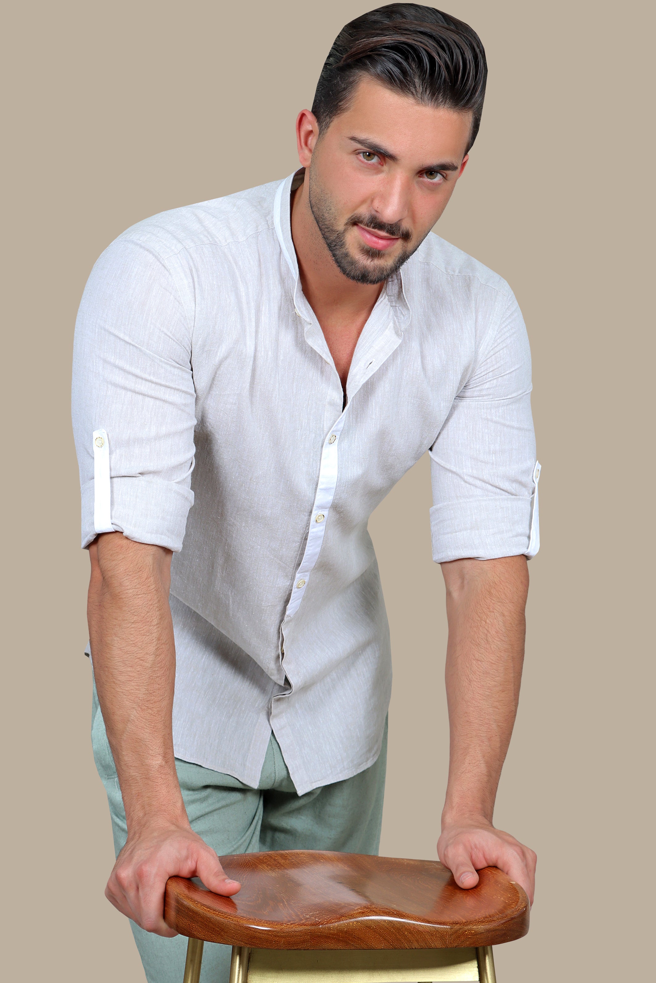 Beige Linen Mao Collar Shirt with White Piping