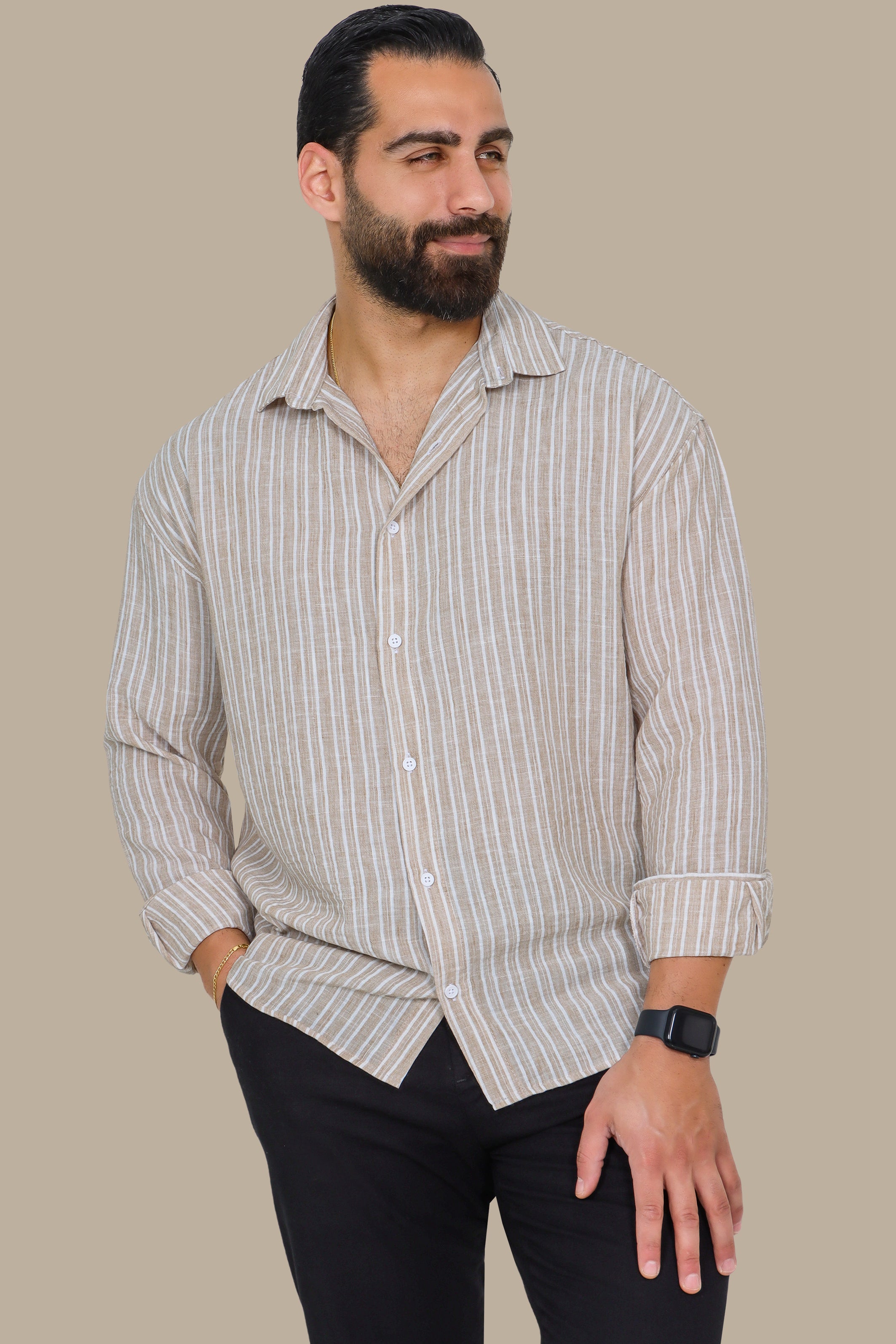 Beige Linen Shirt with Double Stripes