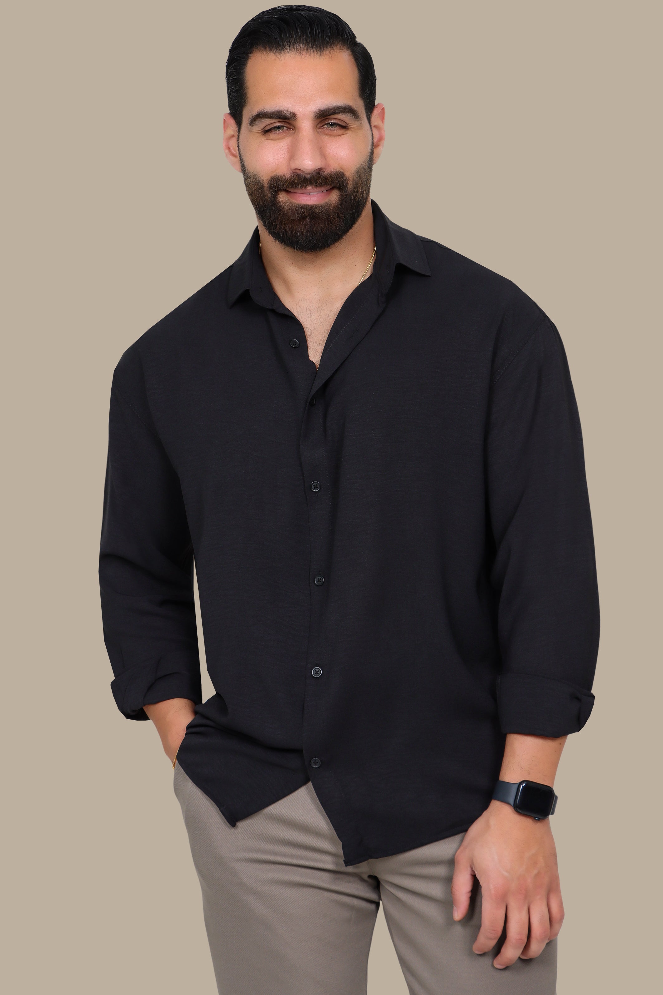 Black Linen Shirt with Long Sleeves in Aerobin Fabric