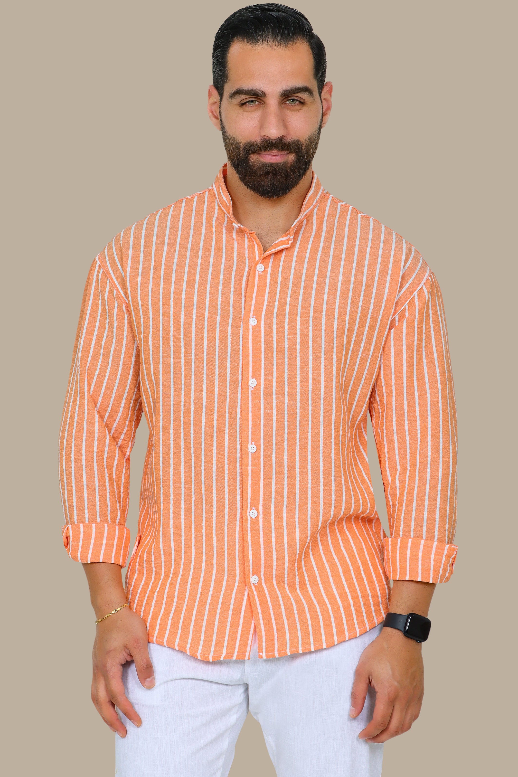 Orange Striped Linen Long Sleeve Shirt