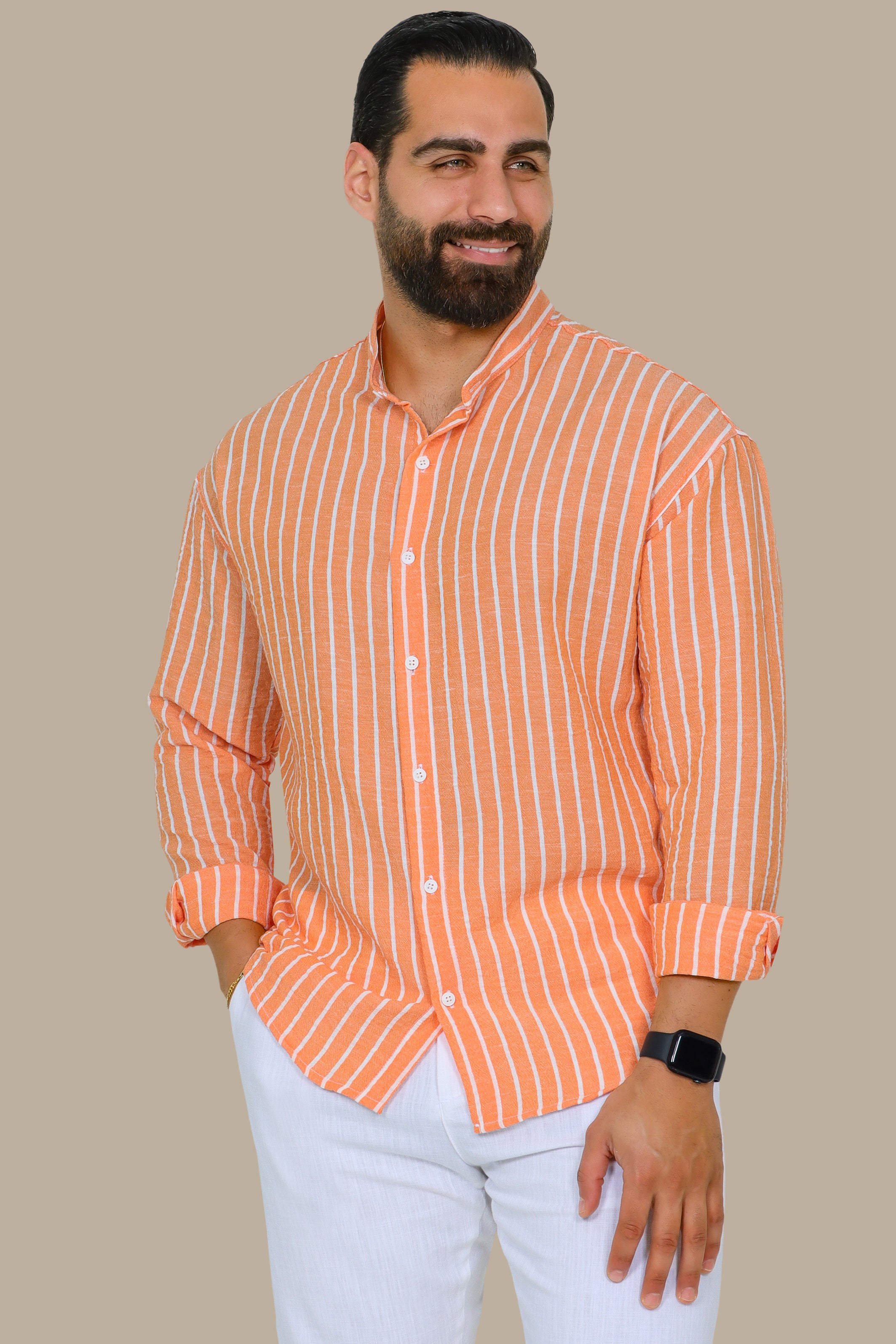 Orange Striped Linen Long Sleeve Shirt