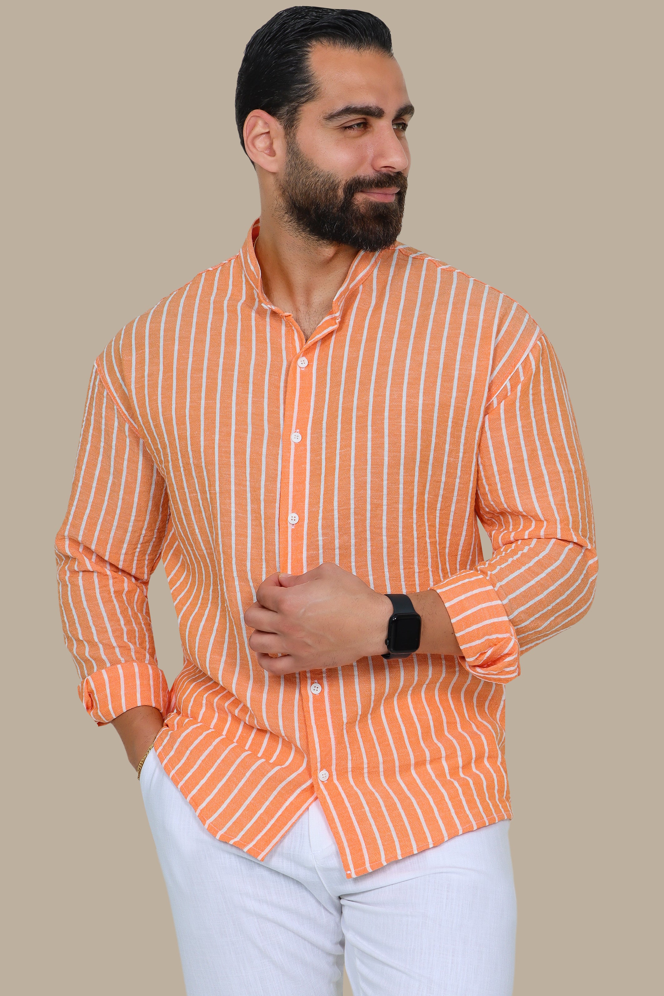 Orange Striped Linen Long Sleeve Shirt