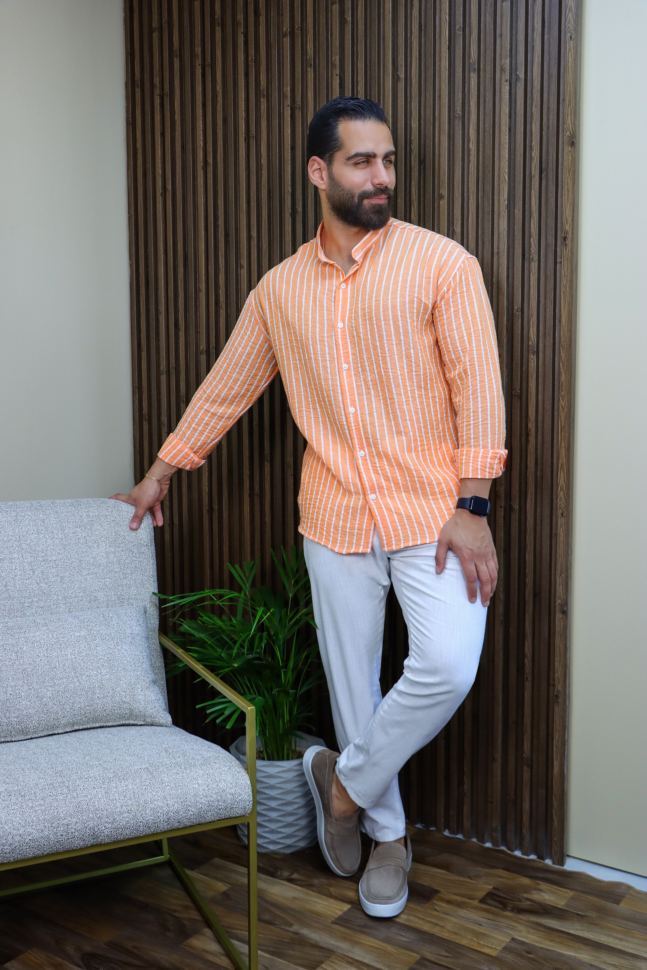 Orange Striped Linen Long Sleeve Shirt