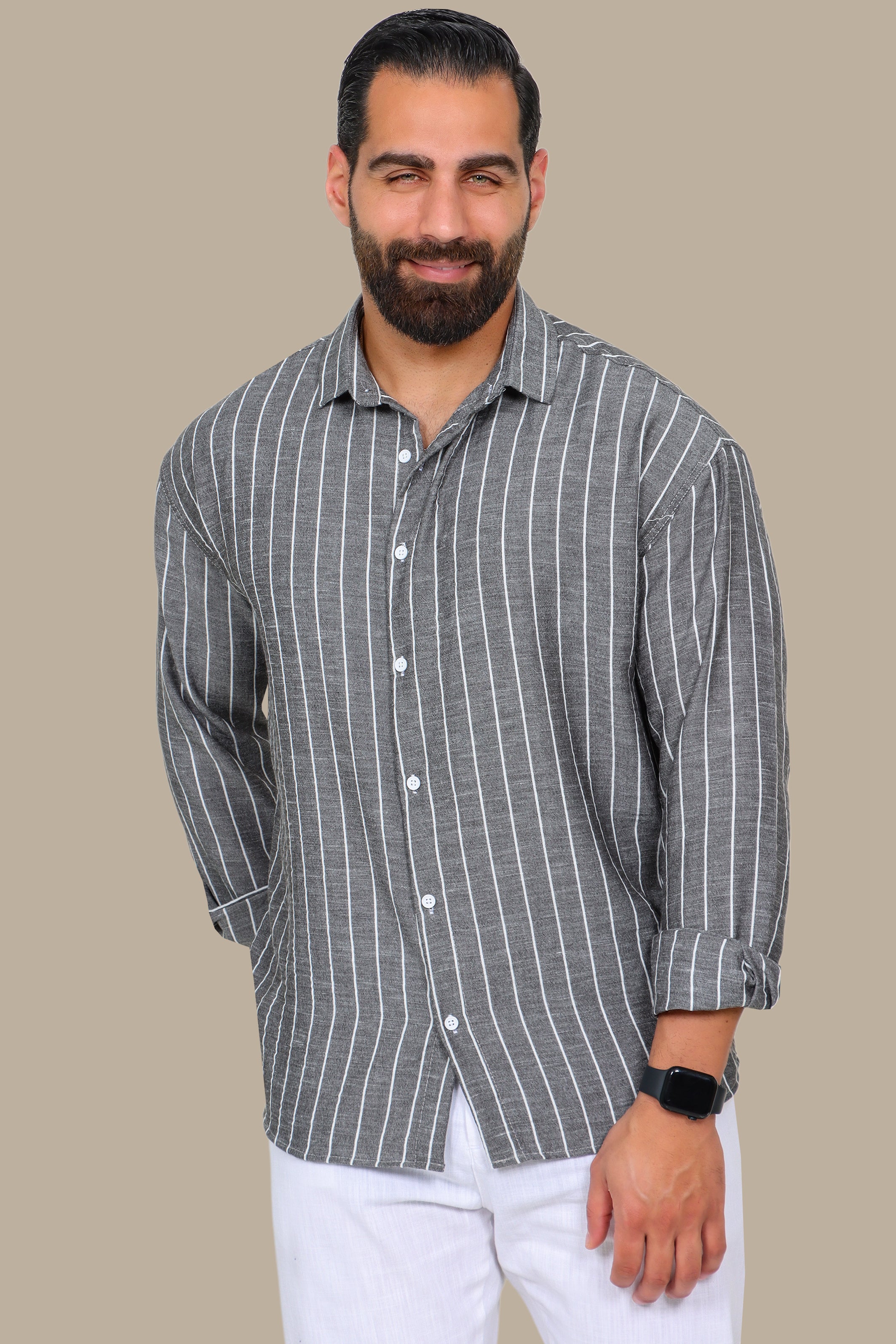 Grey Striped Linen Shirt with Long Sleeves