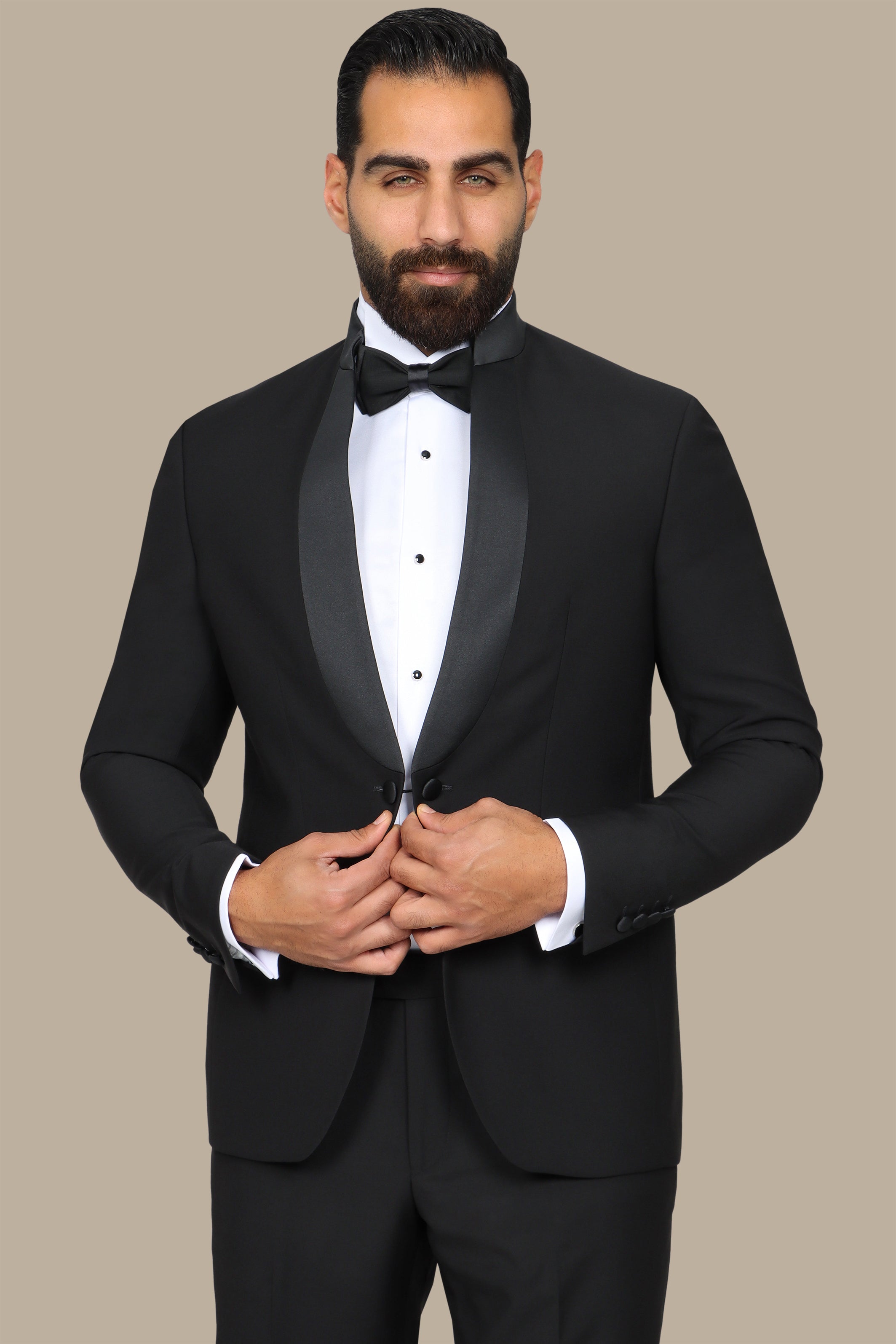 Black Mandarin Collar Tuxedo with Satin Piping