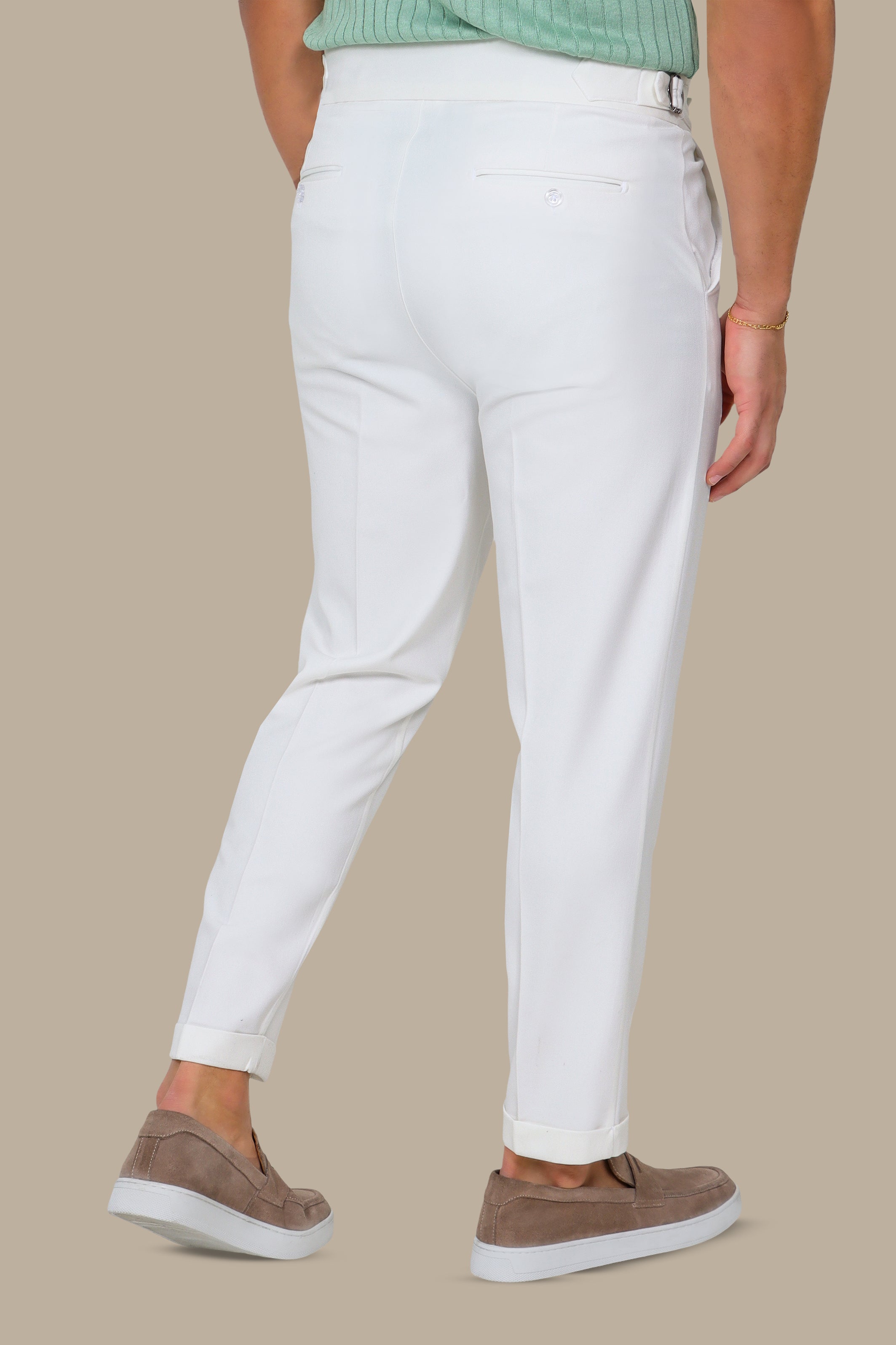 White Slim Fit Pants with Wide Waist Double Button