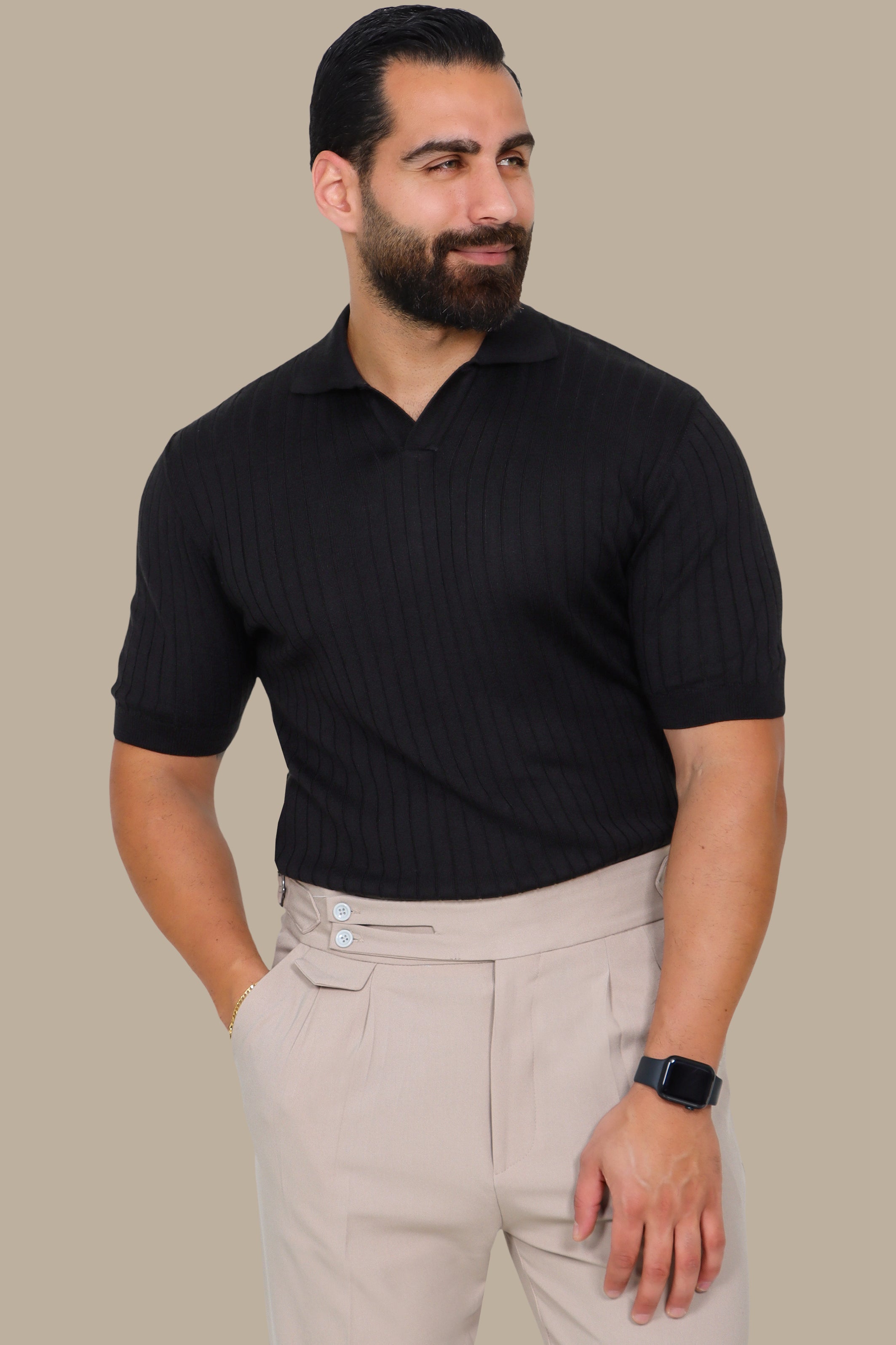 Black Mercerized Ribbed Polo