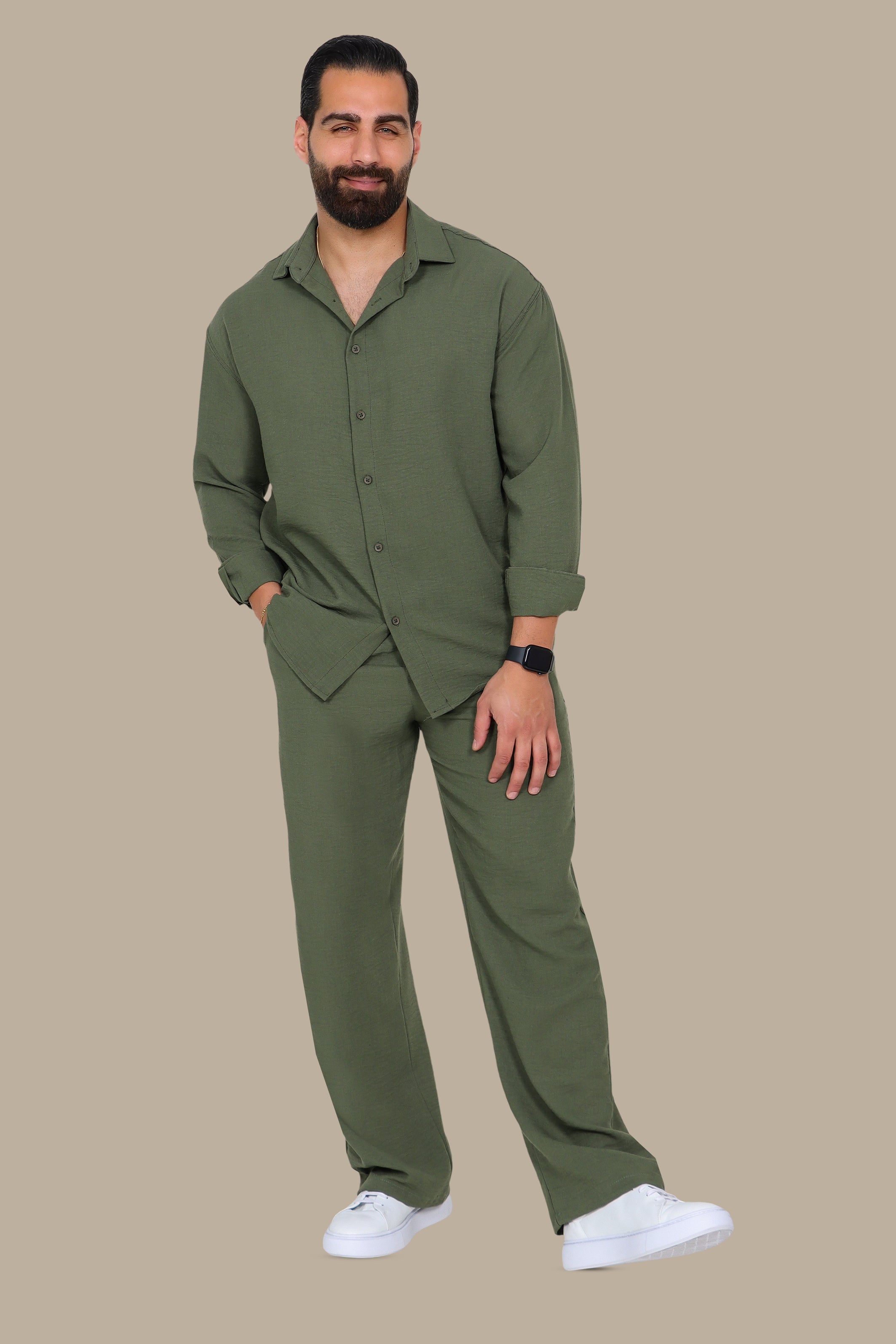 Khaki Linen Loose Long Sleeve Tracksuit