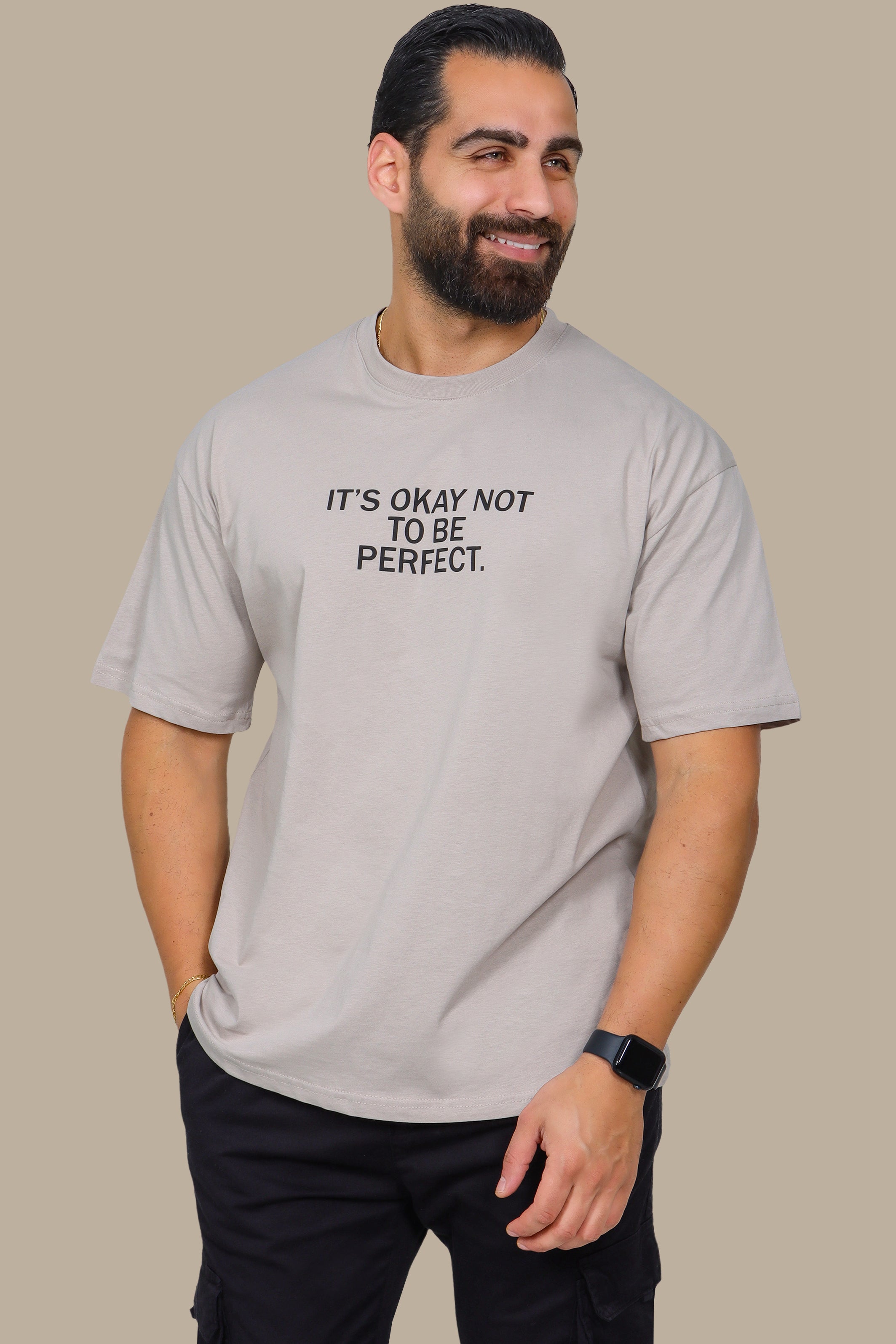 Beige Oversized T-Shirt with "It's Okay to Be Perfect" Print