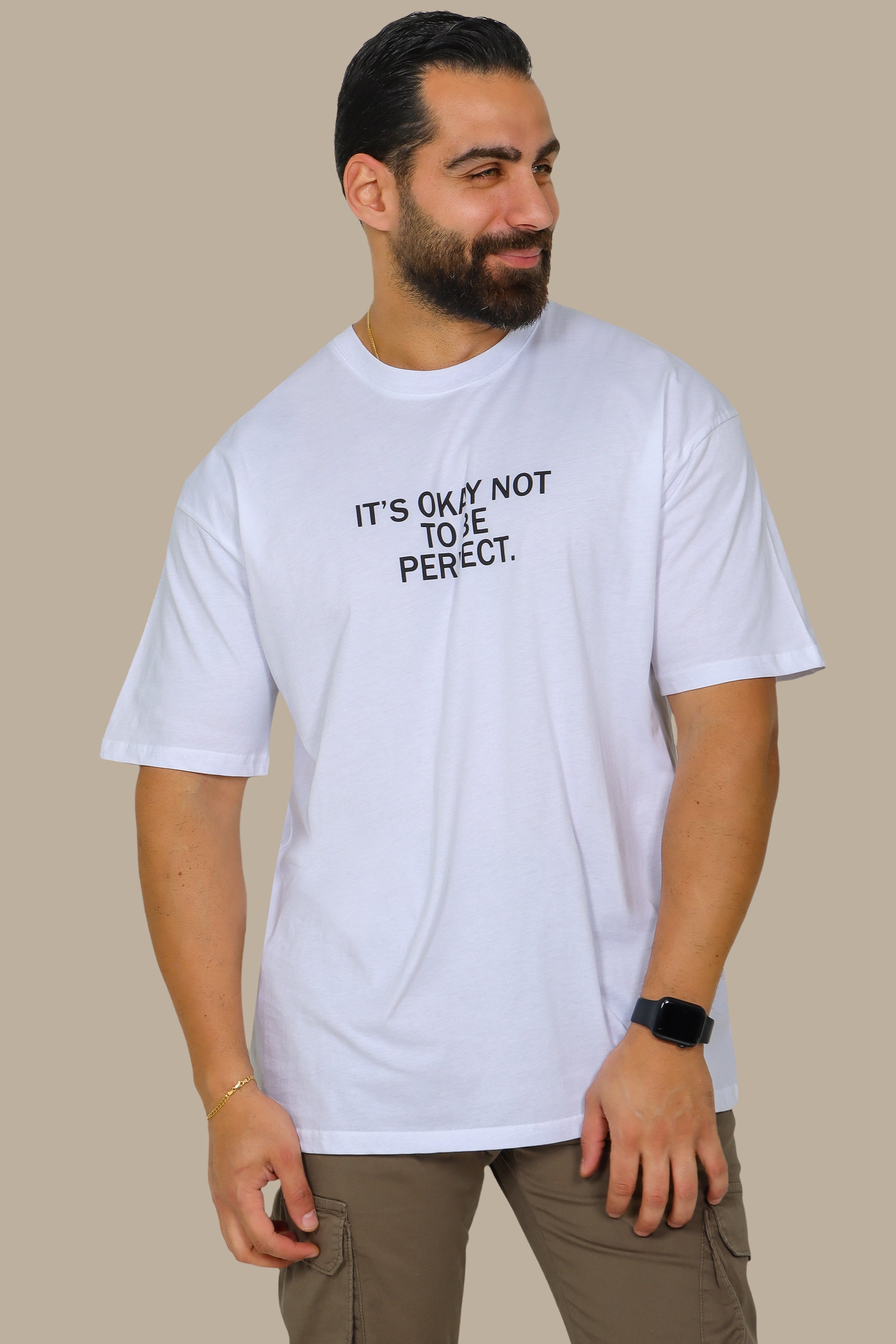 White Oversized T-Shirt with "It's Okay to Be Perfect" Print