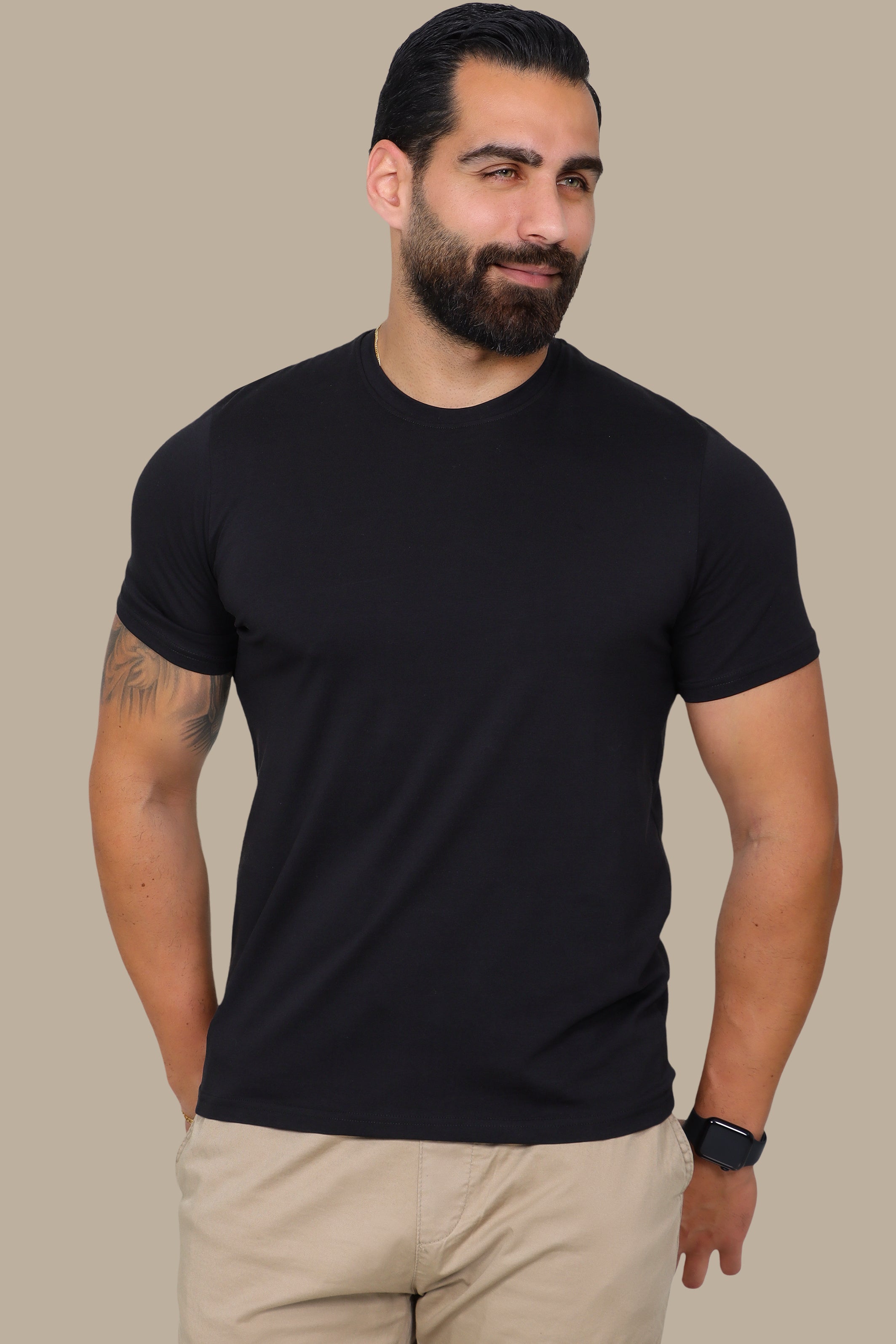 Noir Essence: Black Basic Round Neck T-Shirt