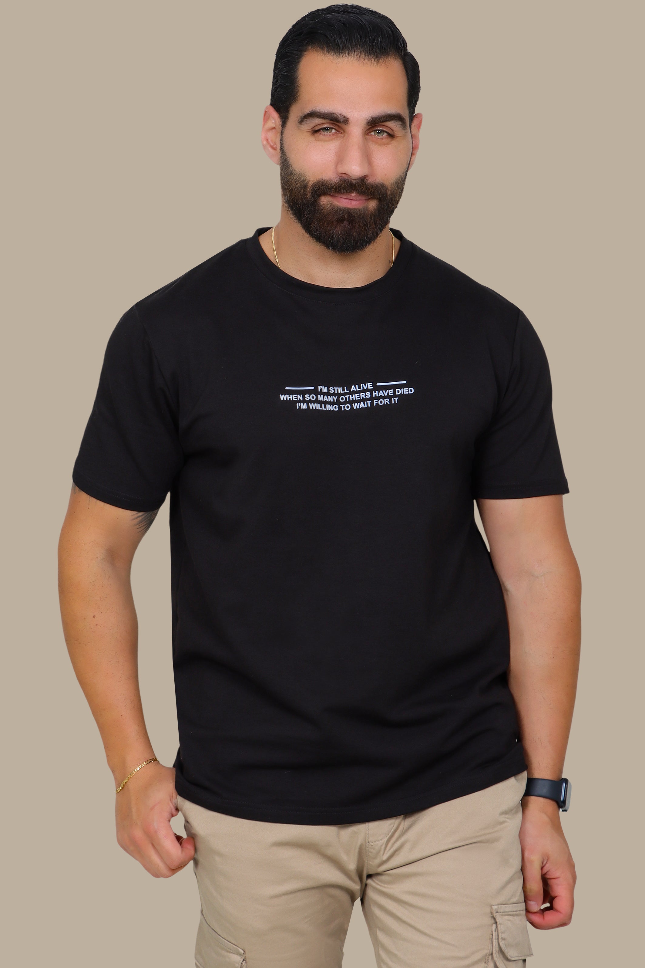 Black Half-Oversized T-Shirt with "I'm Still Alive" Print