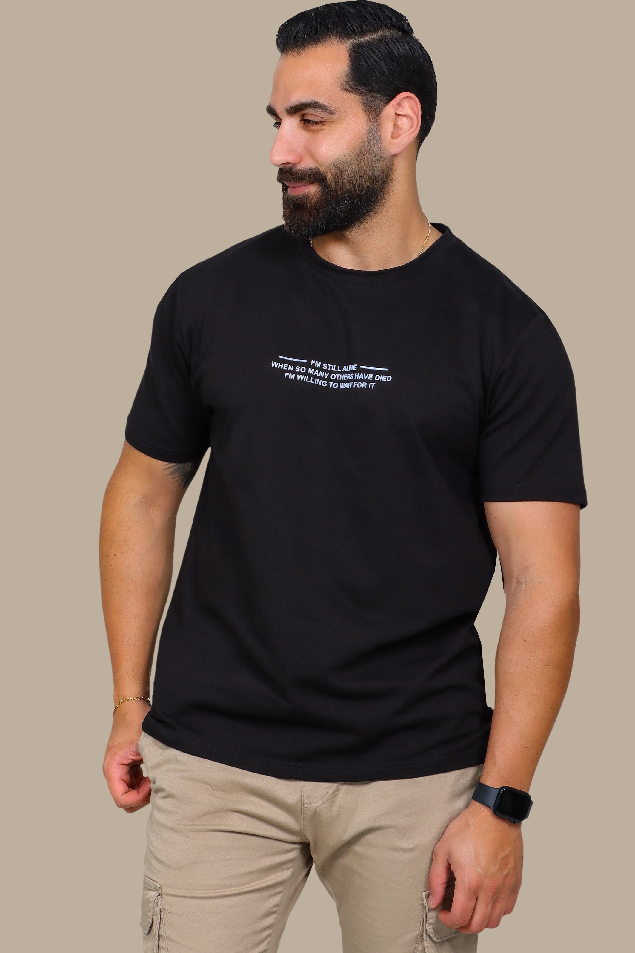 Black Half-Oversized T-Shirt with "I'm Still Alive" Print
