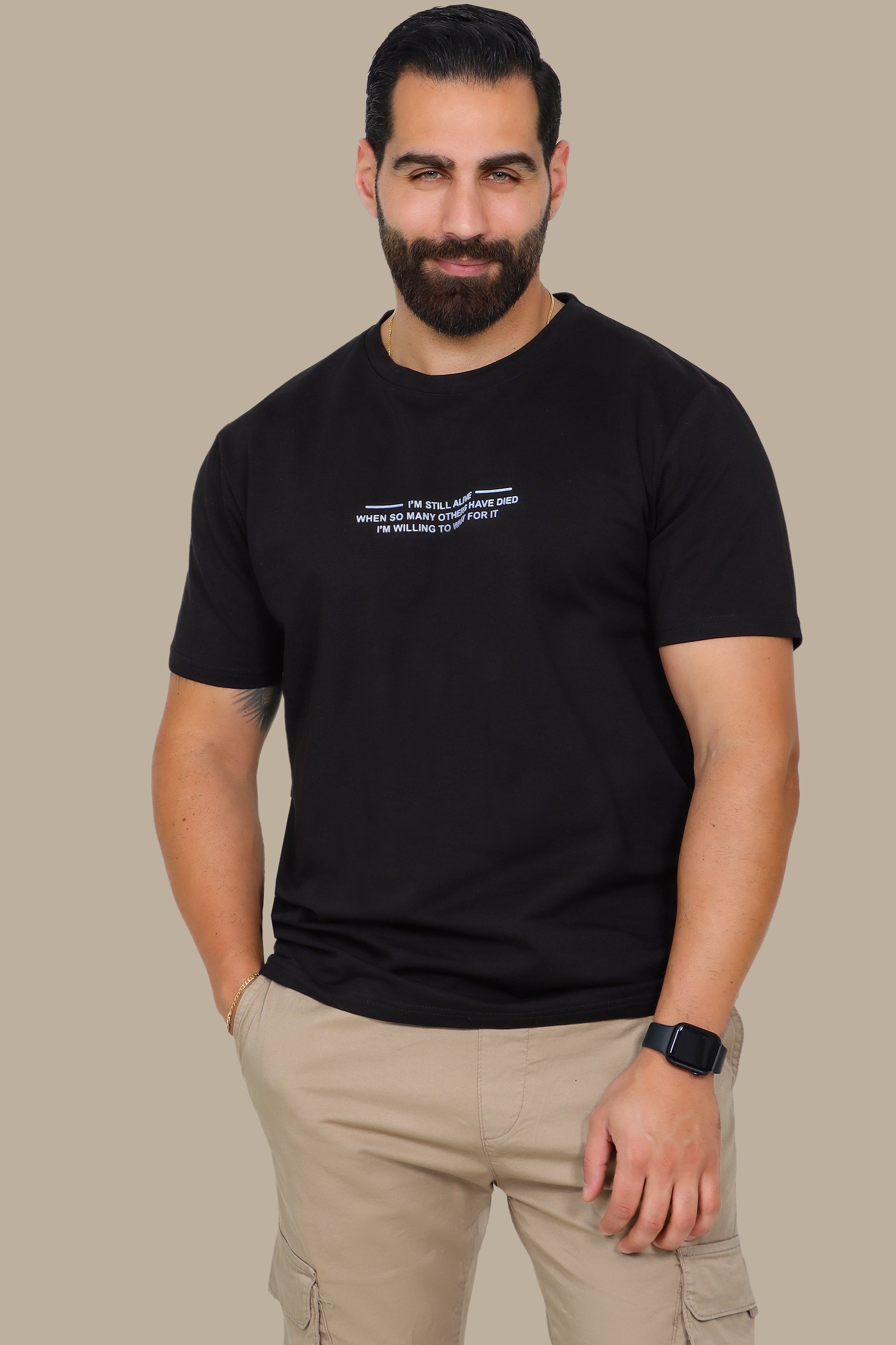 Black Half-Oversized T-Shirt with "I'm Still Alive" Print