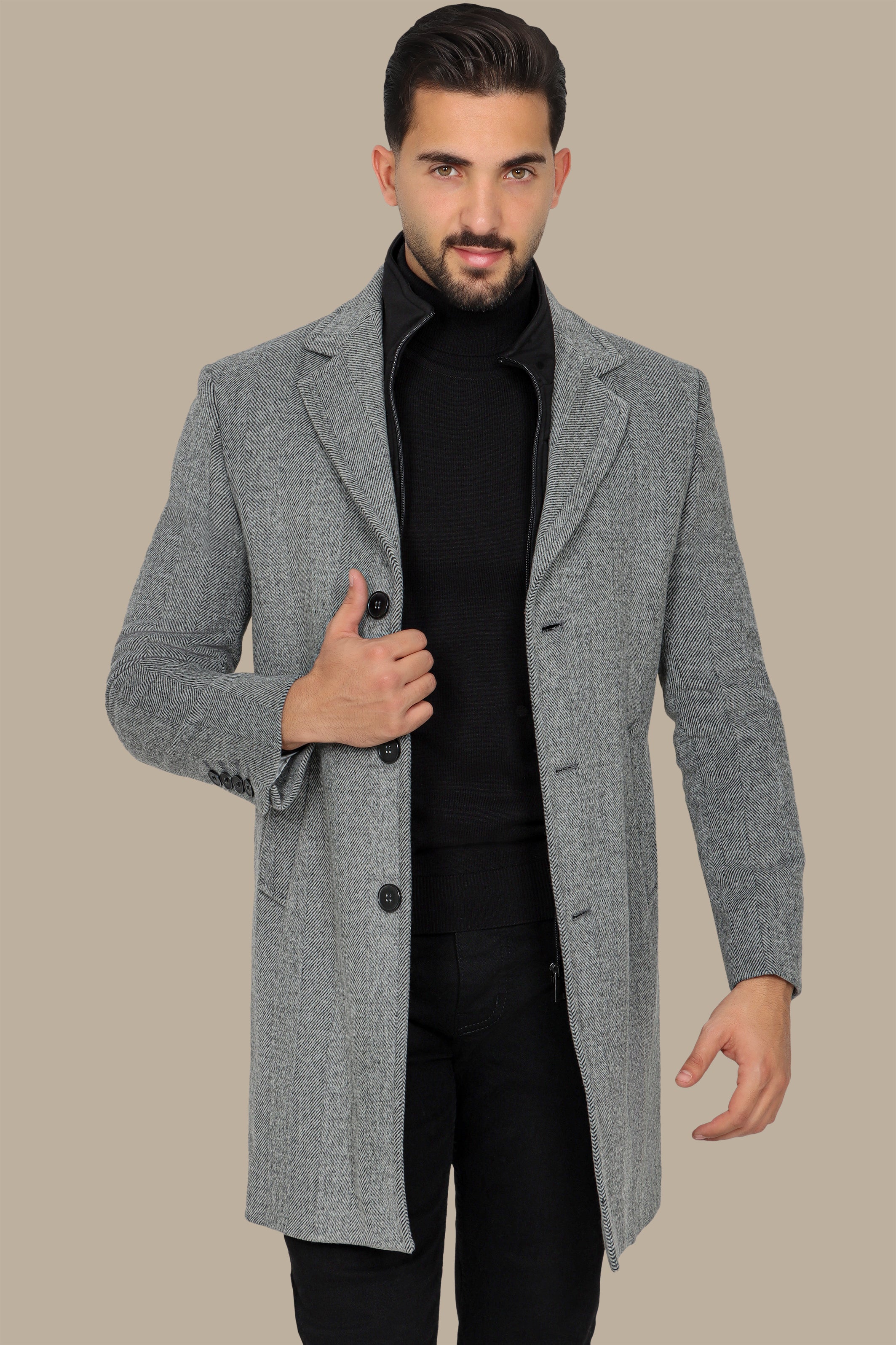 Grey Herringbone Coat with Detachable Collar