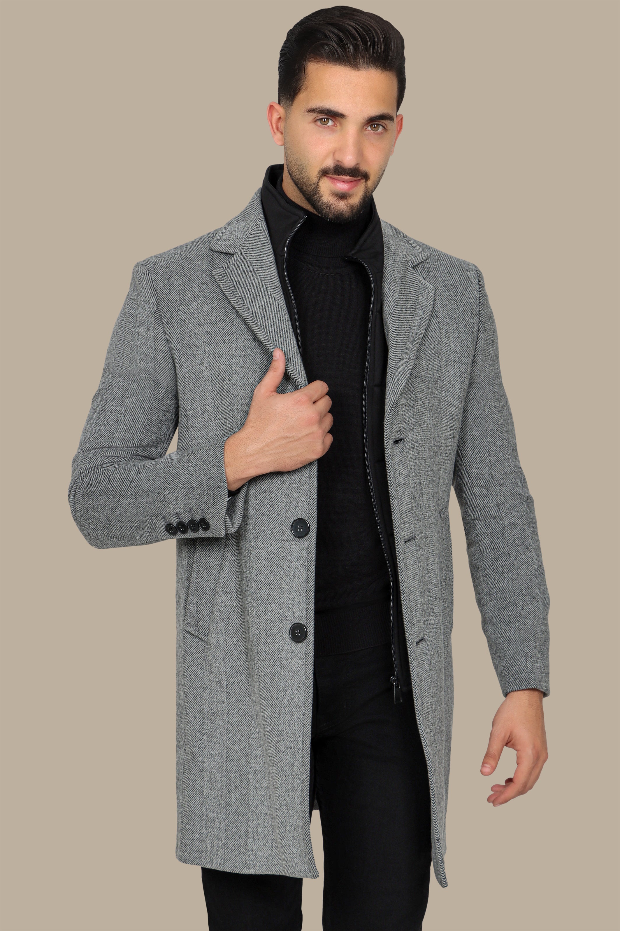 Grey Herringbone Coat with Detachable Collar