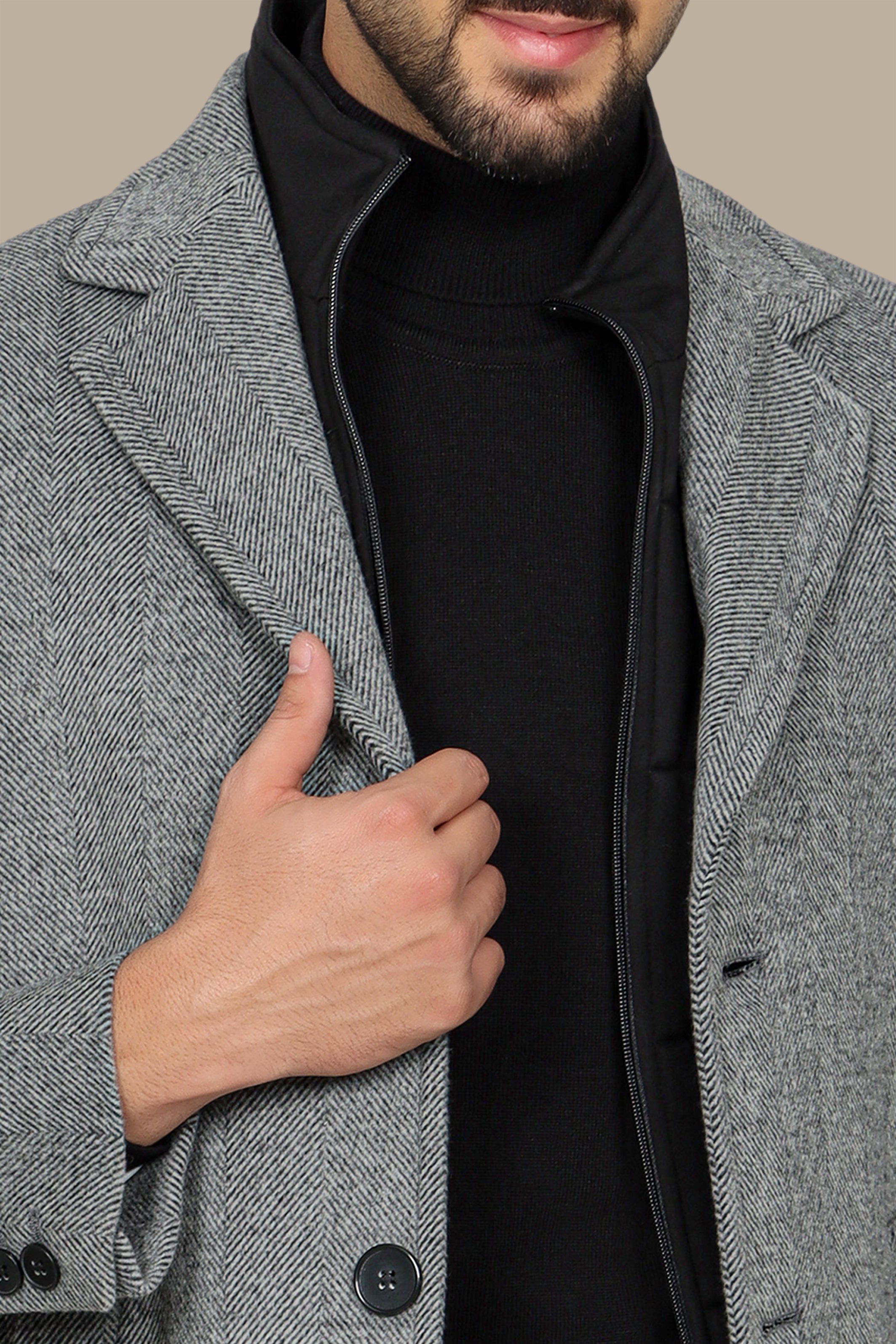Grey Herringbone Coat with Detachable Collar