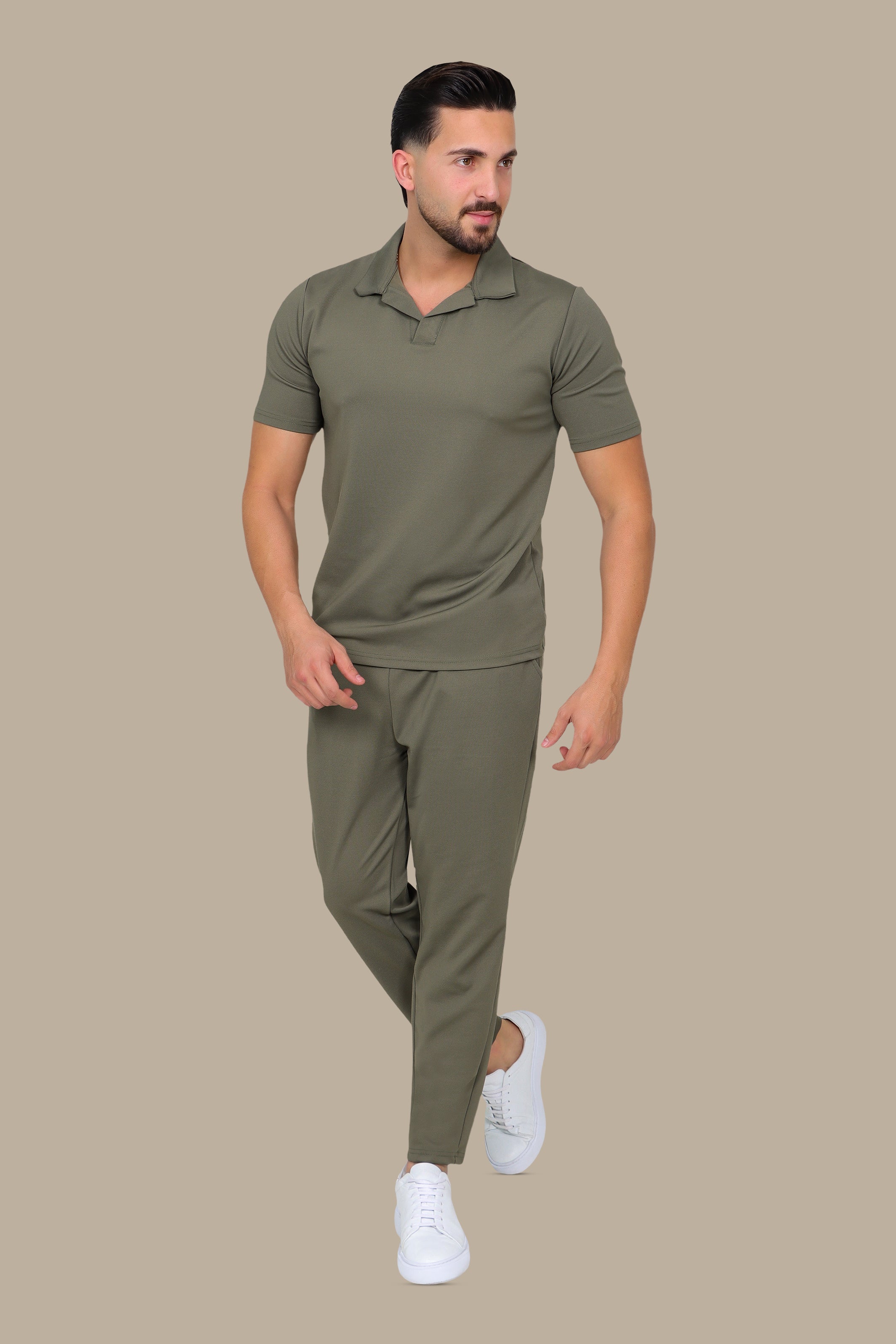 Khaki Linen Loose Long Sleeve Tracksuit