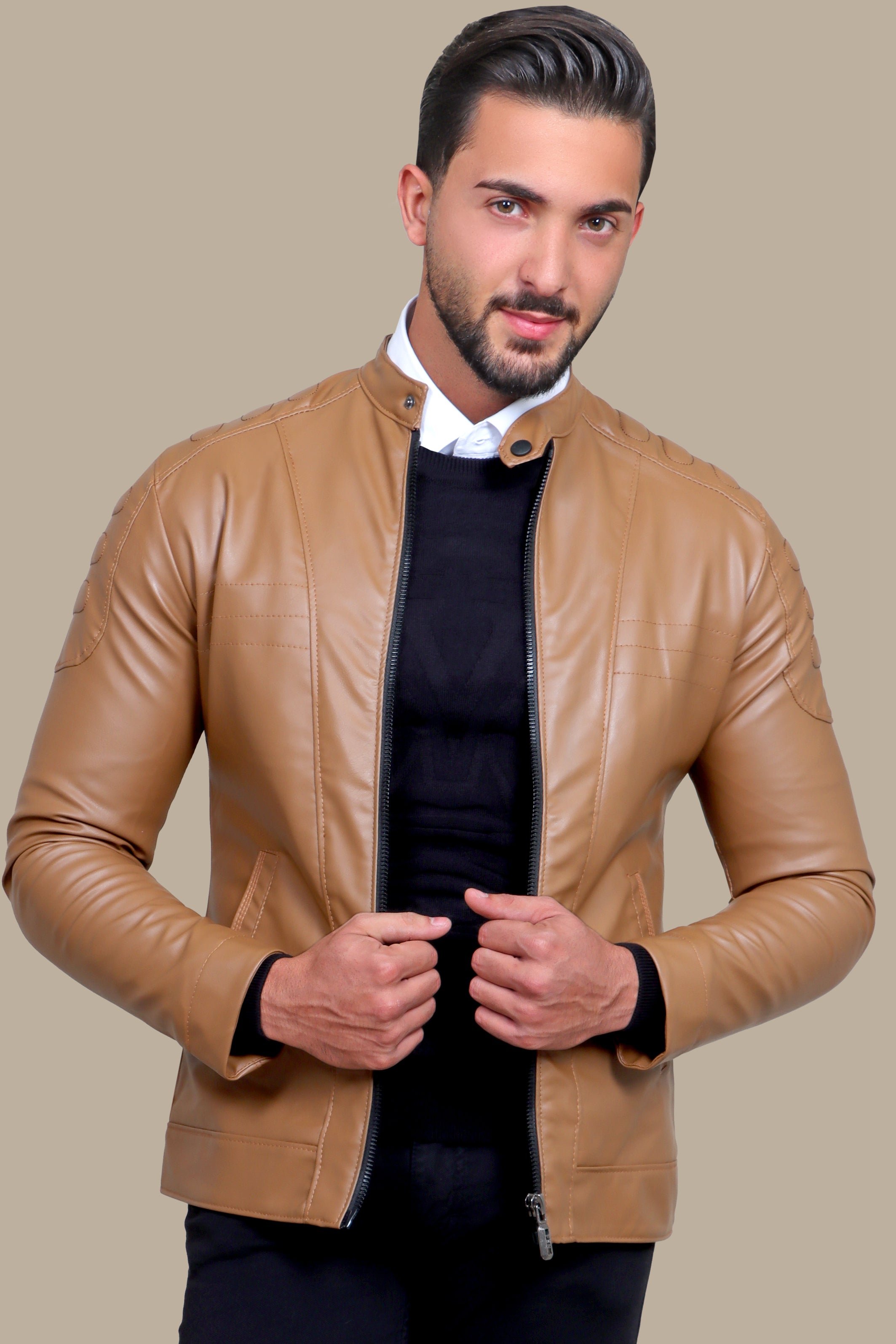 Havane Chic: Faux Leather Biker Jacket with Mao Collar