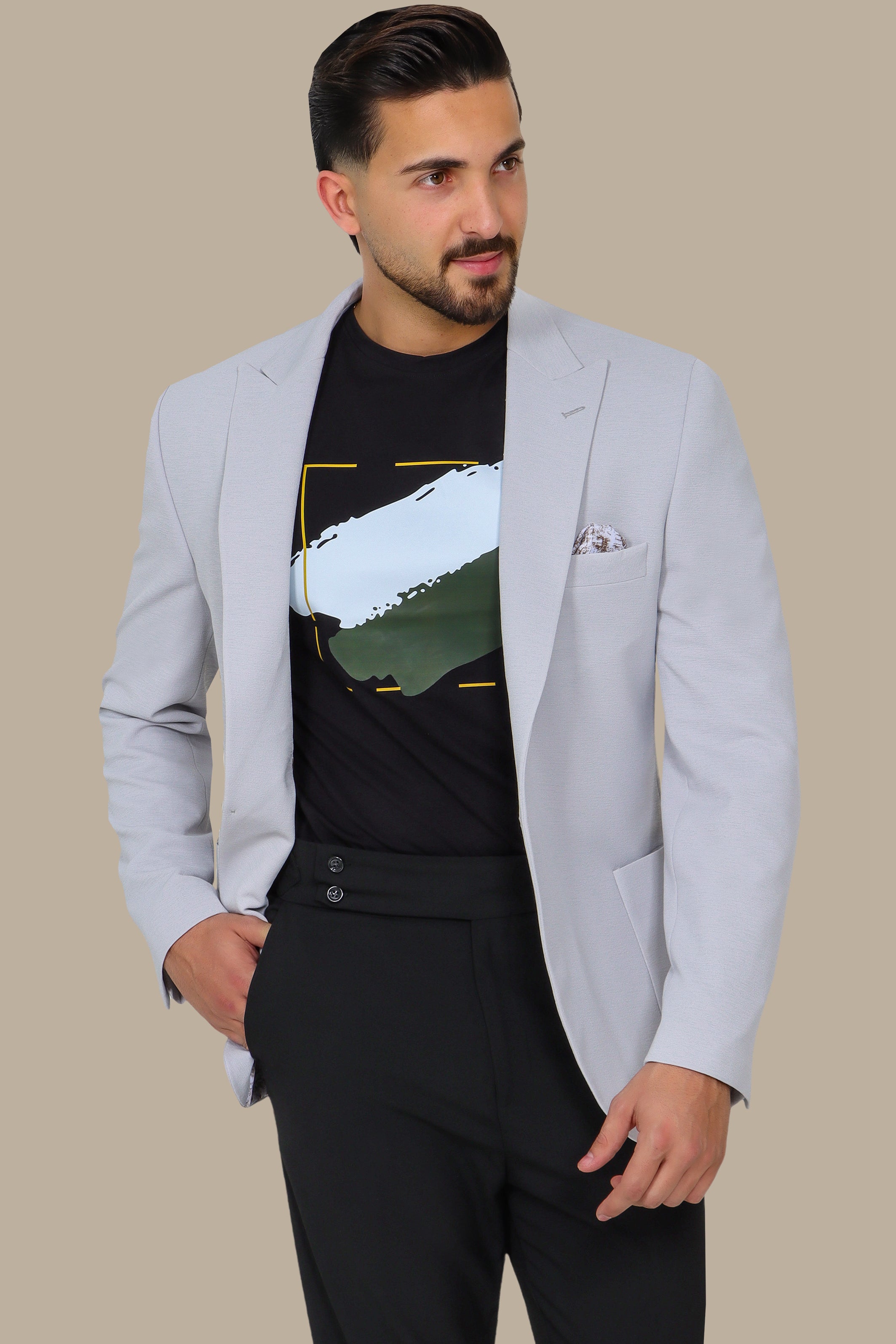 Light Grey Blazer with Peak Lapel Patch Pockets