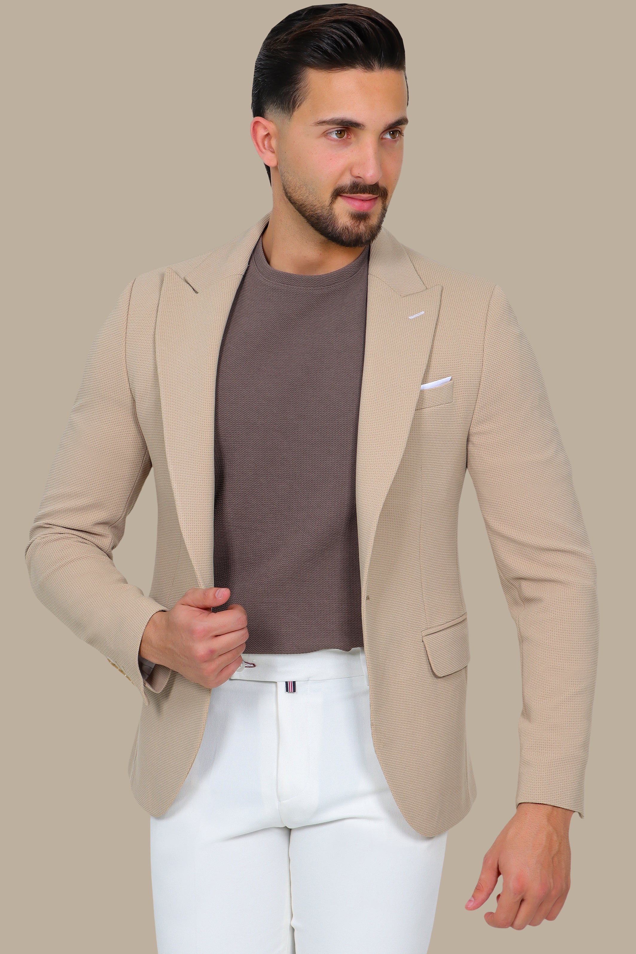 Beige Piquet Blazer with Peak Lapel