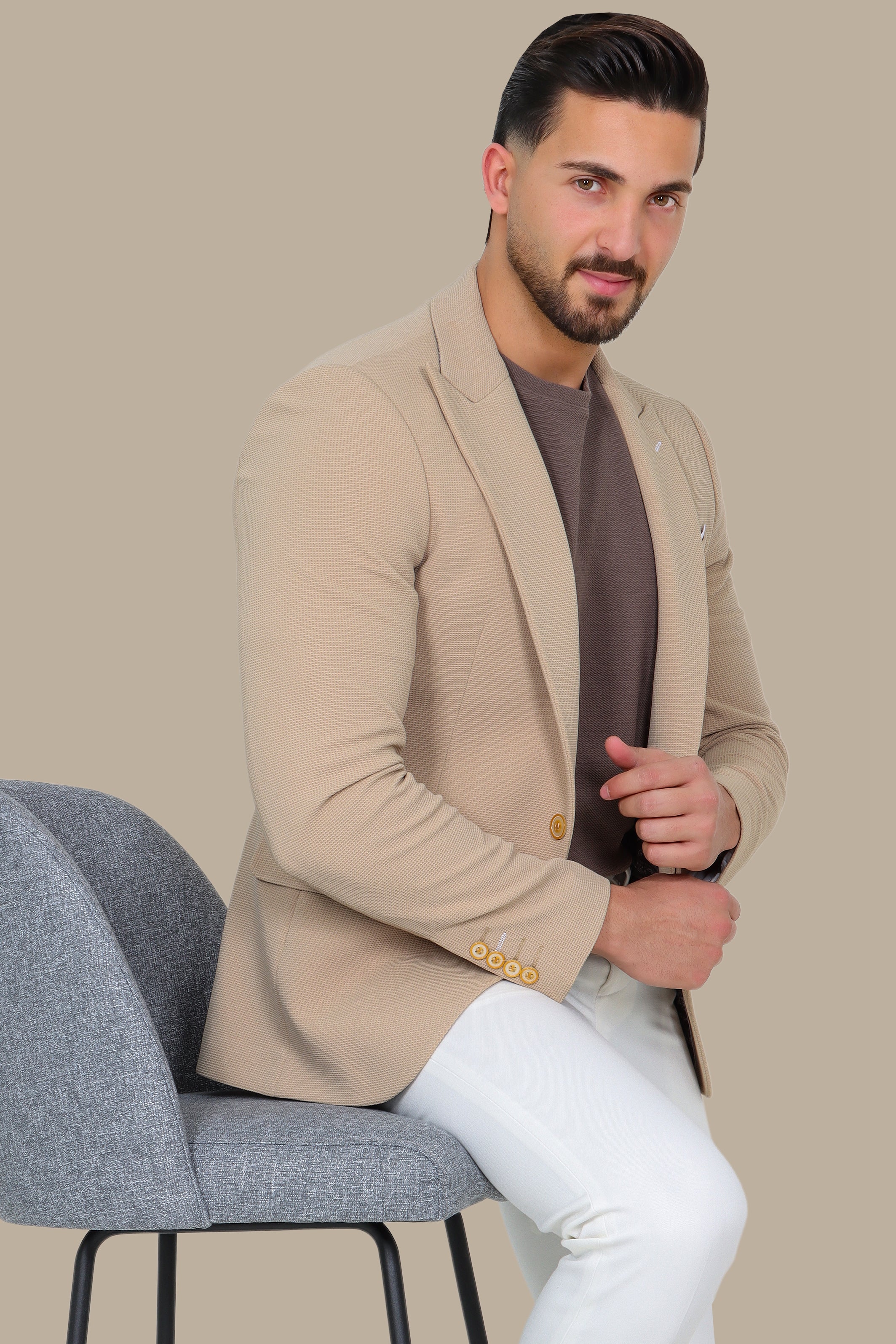 Beige Piquet Blazer with Peak Lapel