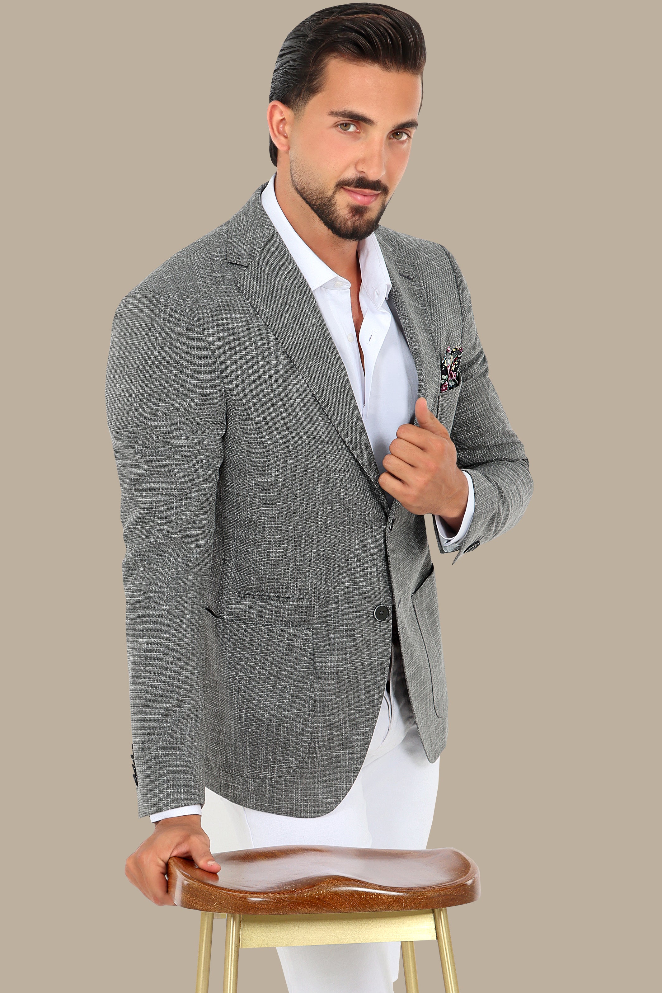 Dark Grey Slim Fit Blazer with Up & Down Notch Patch