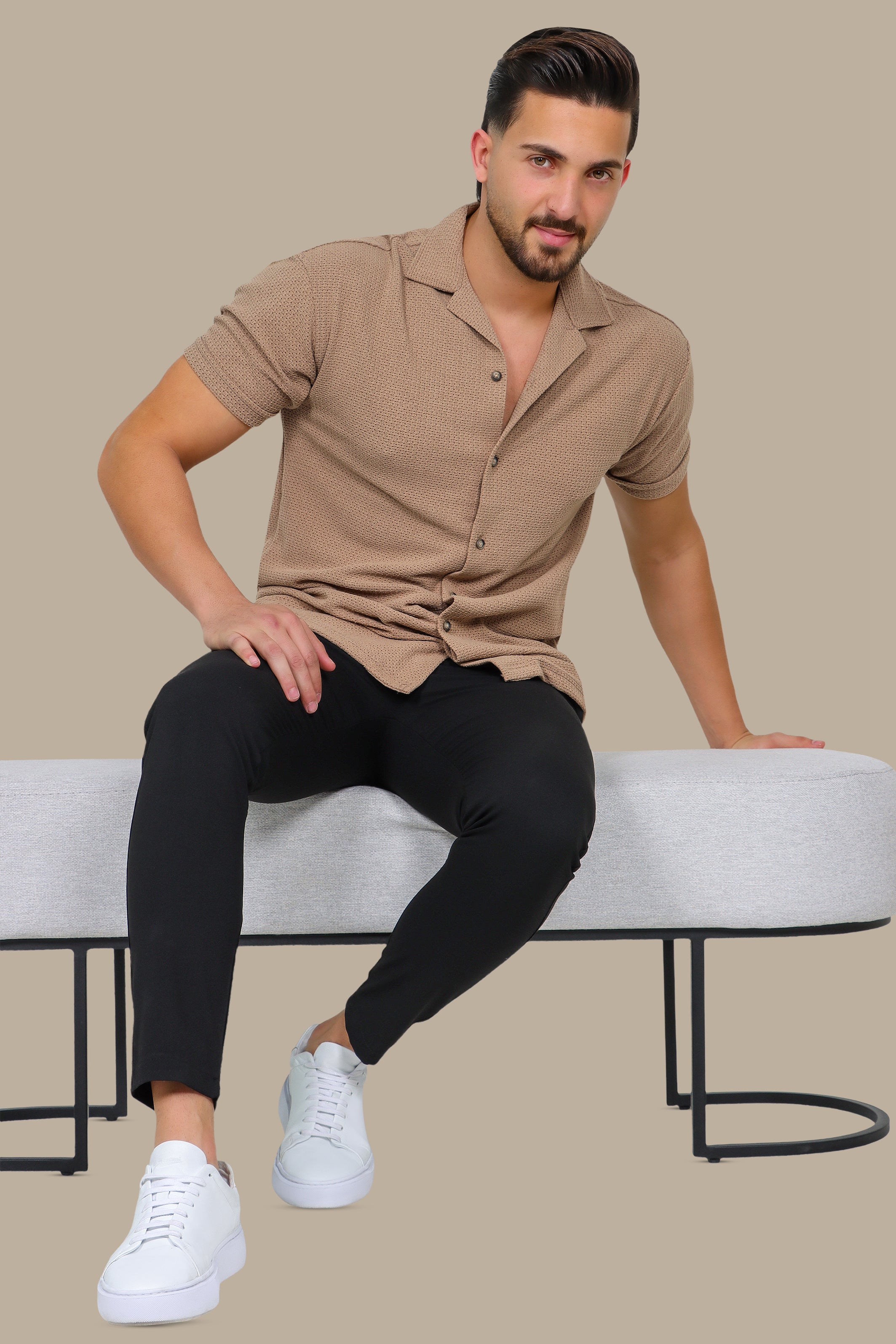 Light Brown Short Sleeve Regular Shirt with Breathable Fabric