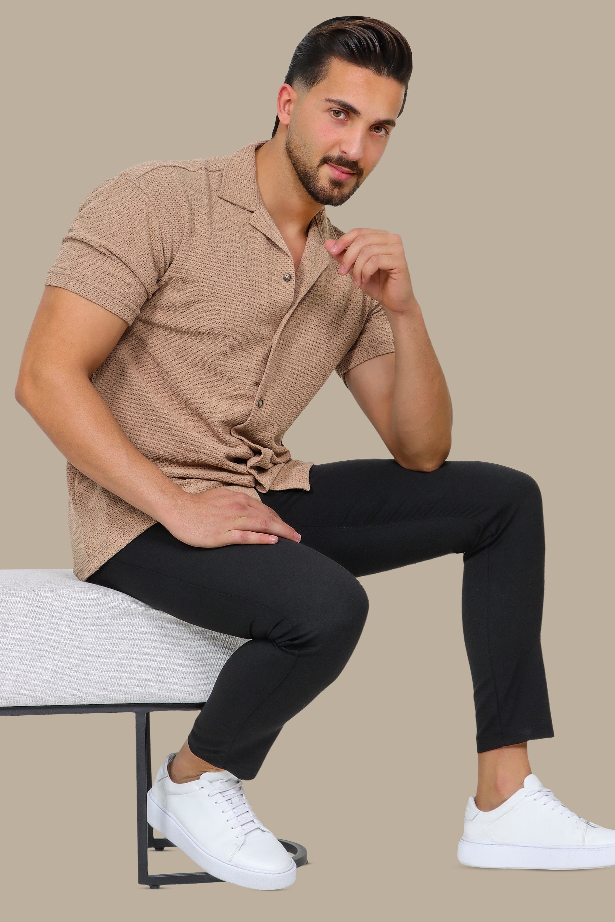 Light Brown Short Sleeve Regular Shirt with Breathable Fabric