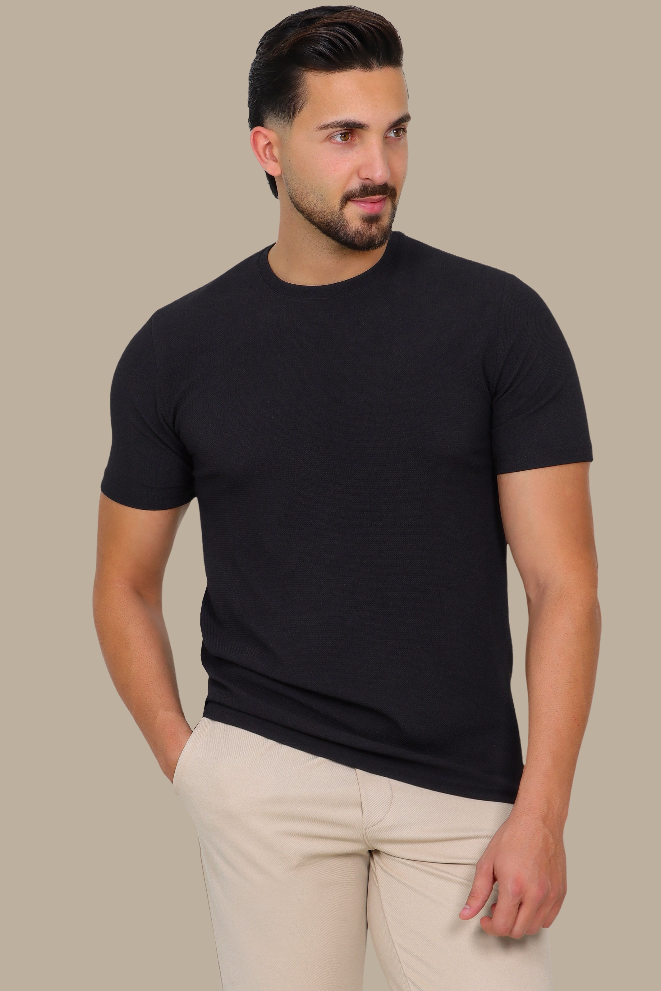 Black Structured Lycra Round Neck T-Shirt