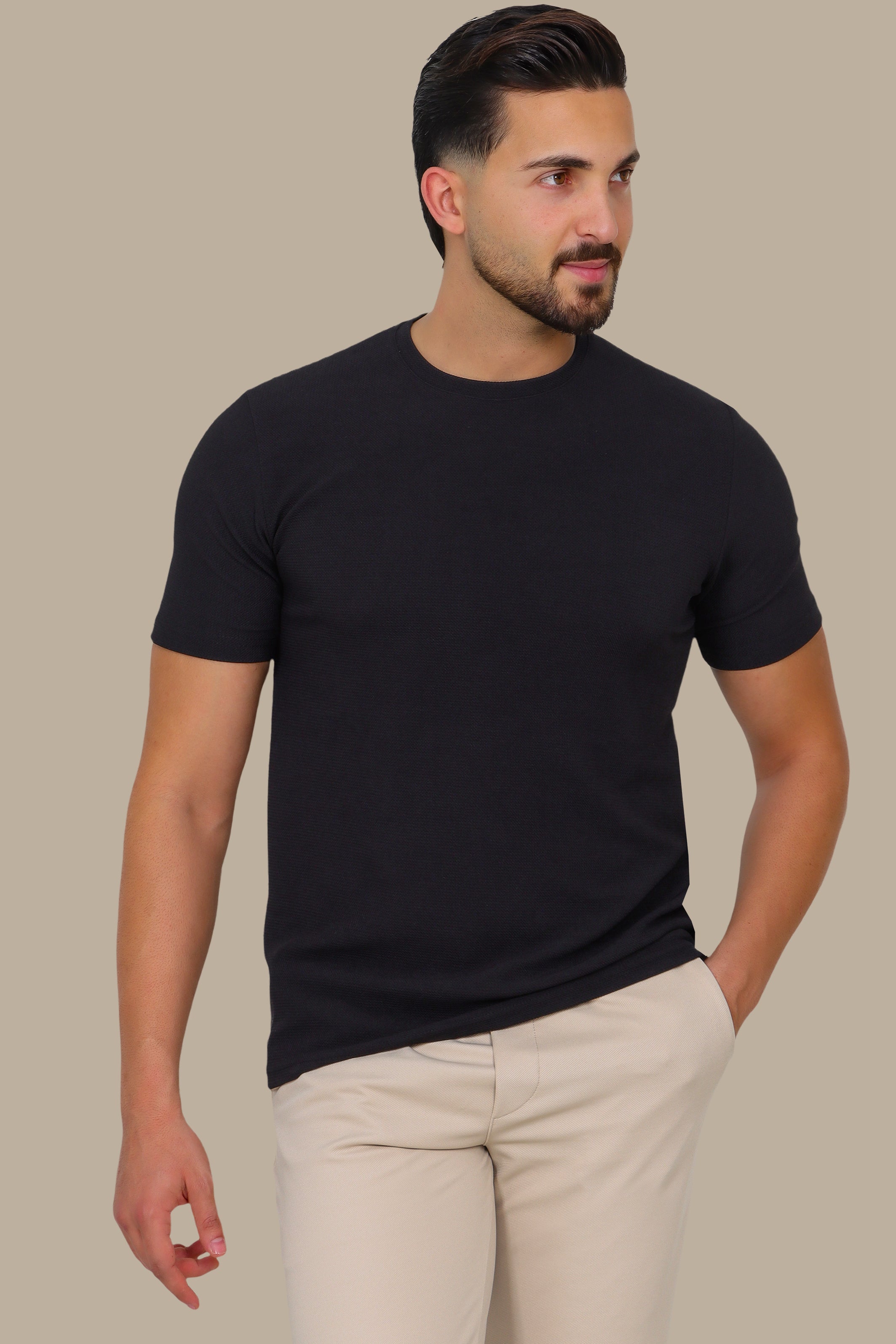 Black Structured Lycra Round Neck T-Shirt