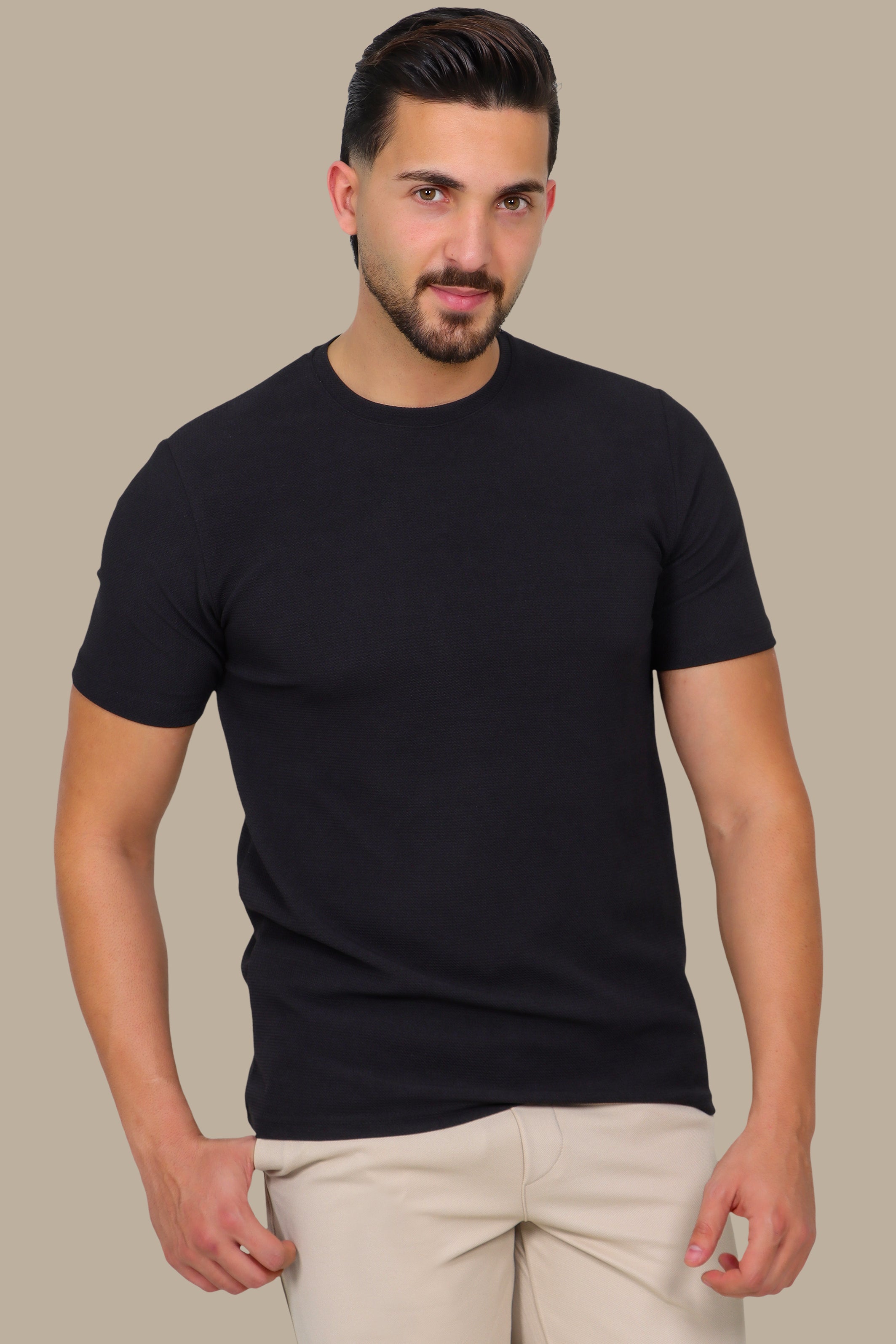 Black Structured Lycra Round Neck T-Shirt